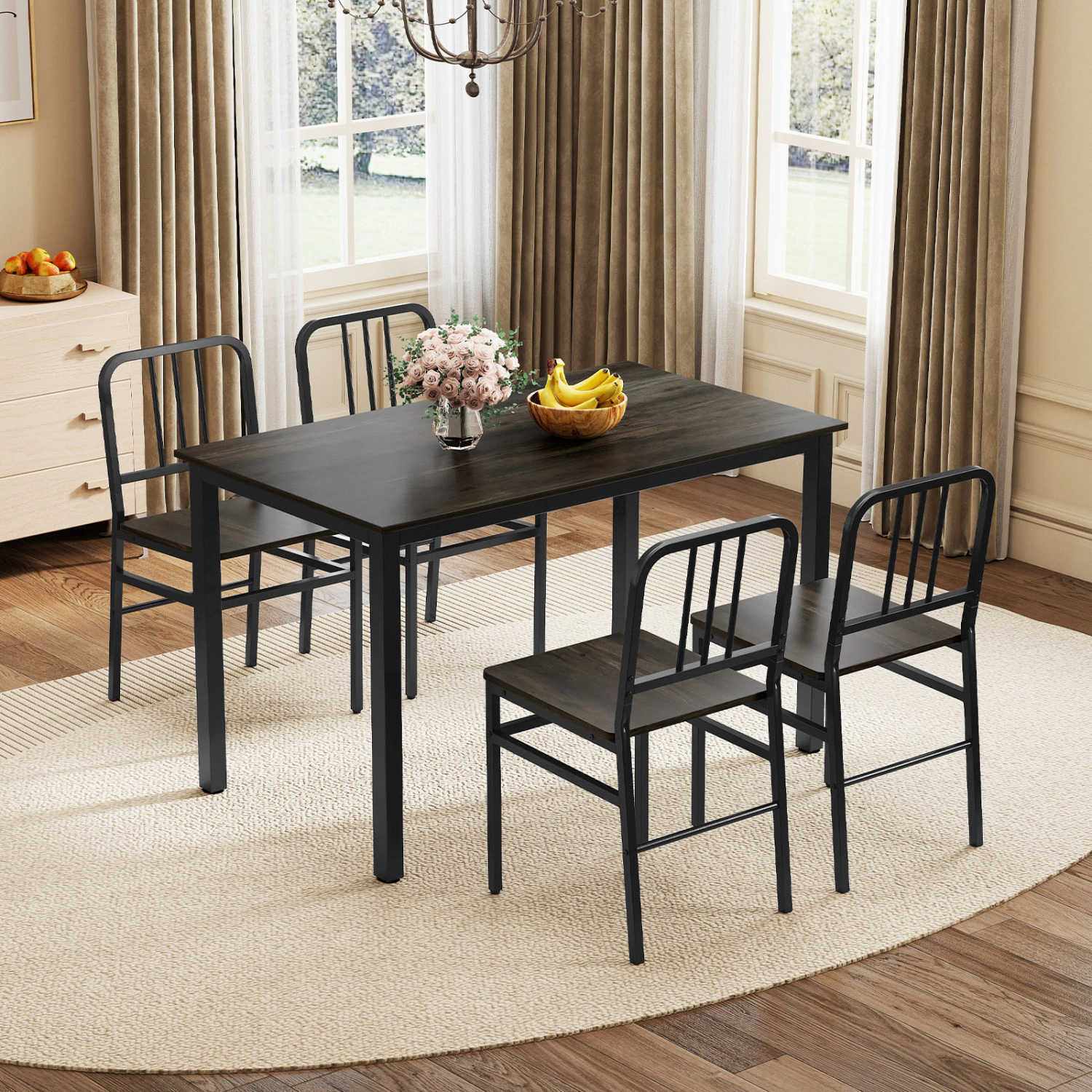 LJG Dining Chairs Set of 4 with Slatted Backrest & Metal Frame and Wooden Seat