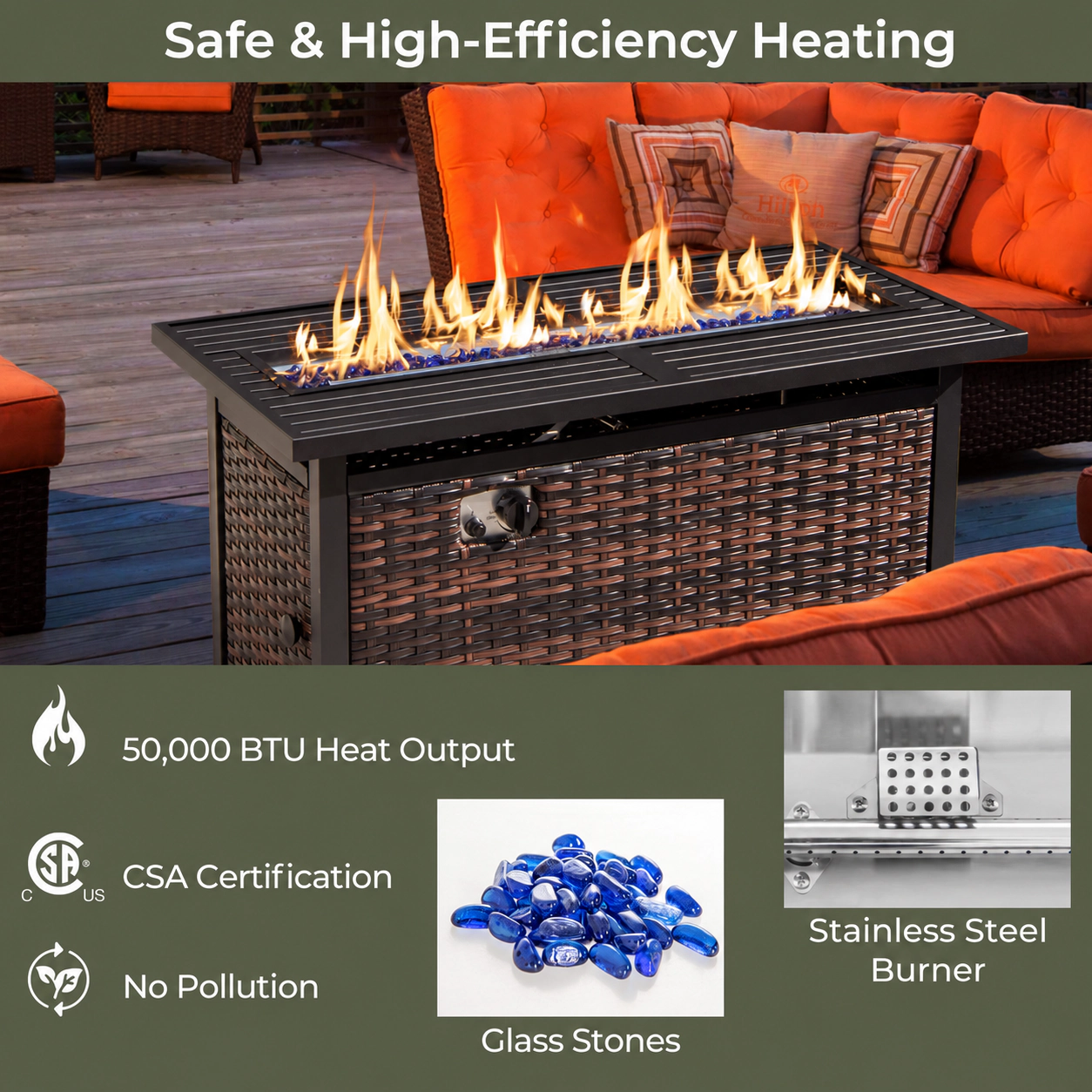 SUGIFT 45-Inch Rattan Propane Fire Pit Table with Glass Stones and 50000 BTU Brown