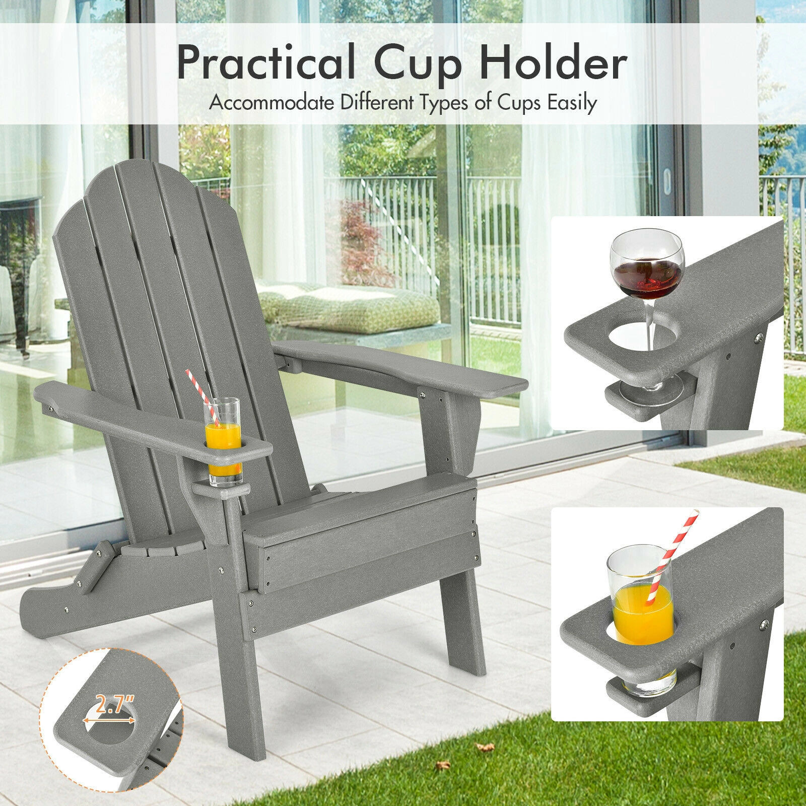 SUGIFT Foldable Weather Resistant Adirondack Patio Chair Built-in Cup Holder 330-Lb Capacity Gray Black Turquoise White