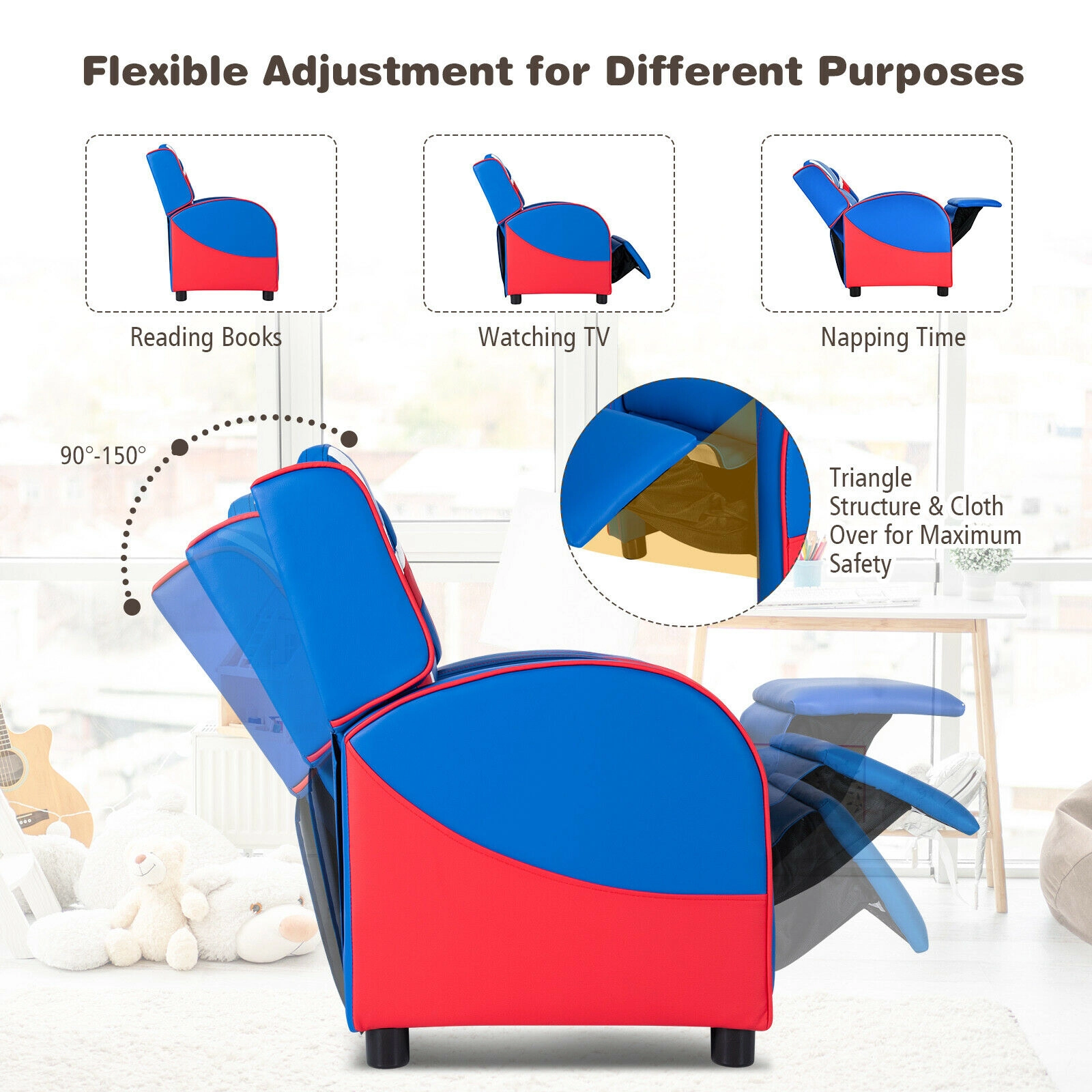 SUGIFT Adjustable PU Leather Kids Recliner Chair with Side Pockets 155-lb Capacity Ages 3-9 30-in Tall Blue