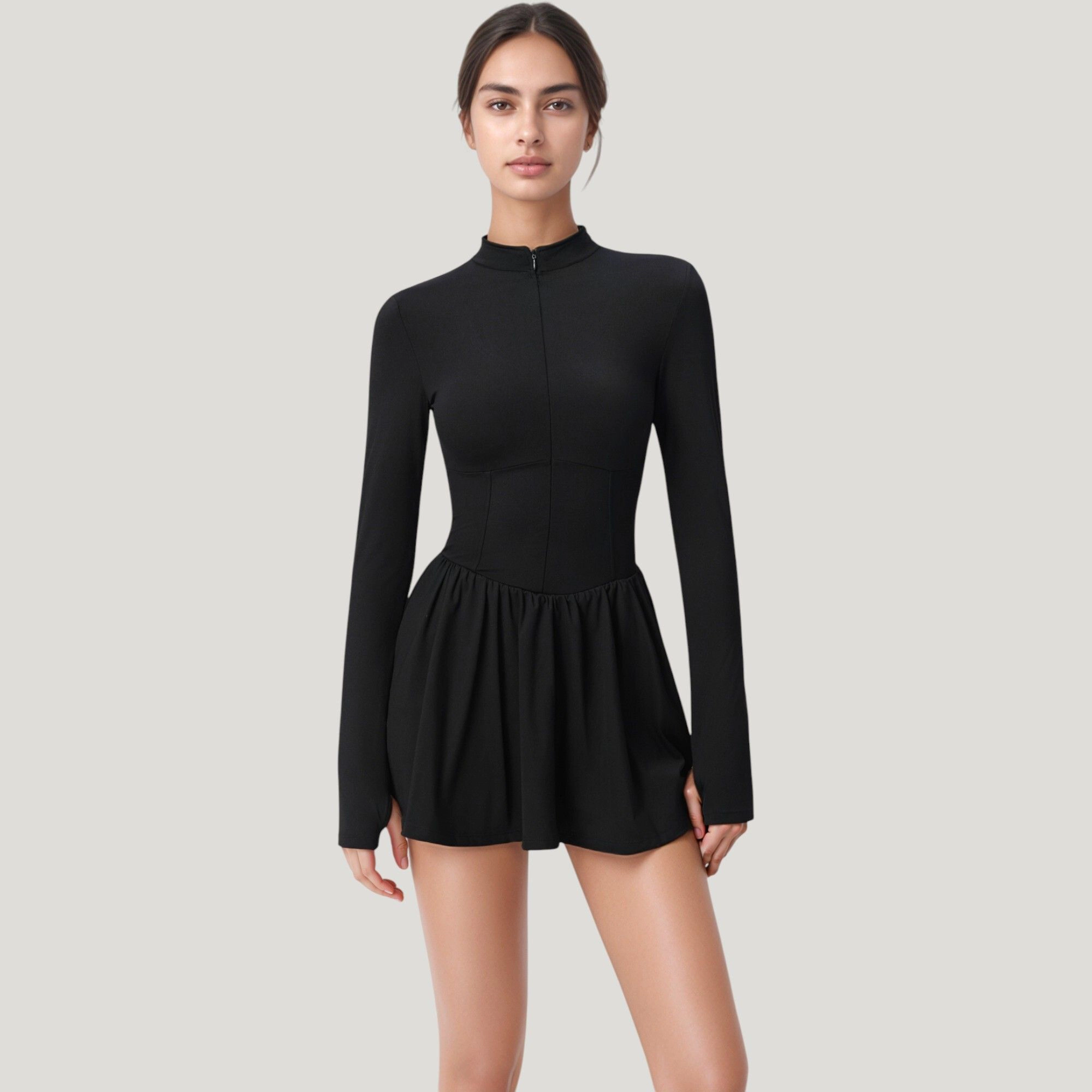 Anna-Kaci Women's Long Sleeve Athletic Dress with Front Zip and Flowy Skirt