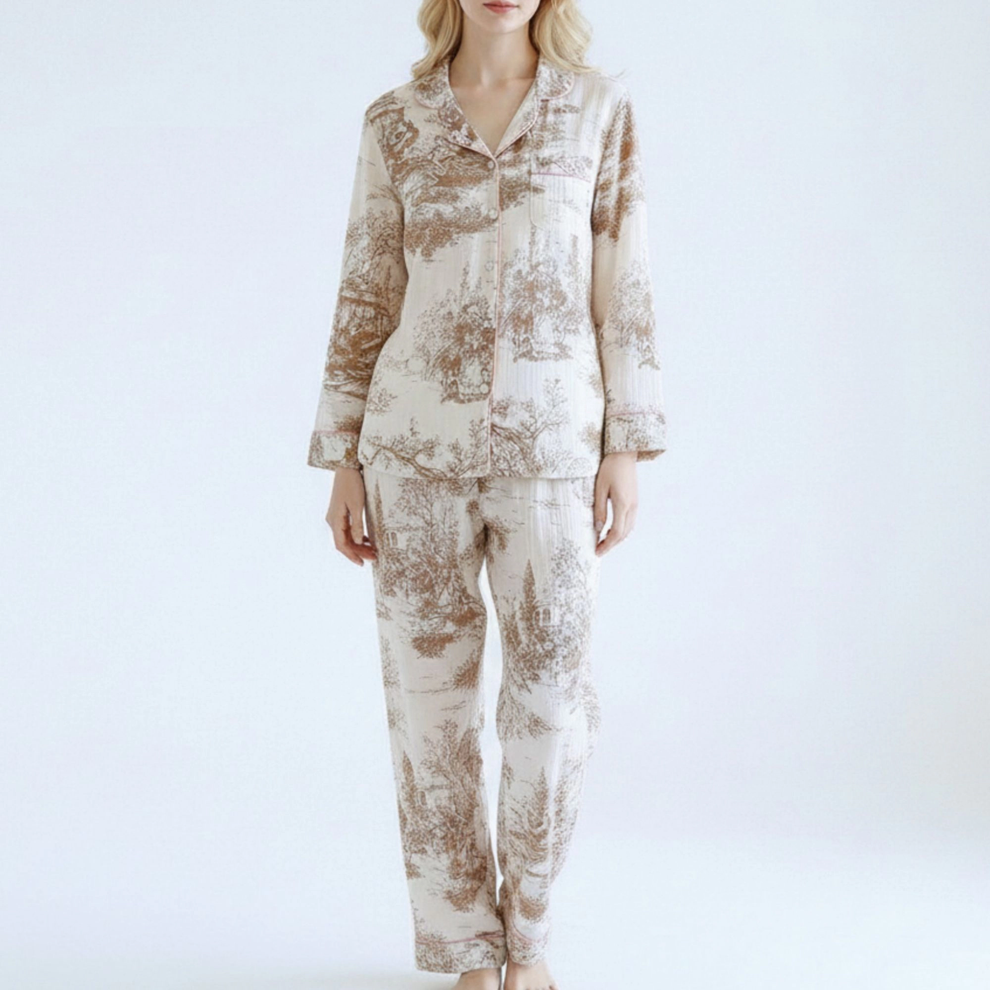 Anna-Kaci Women's Printed Button Up Pajama Set with Piping Details