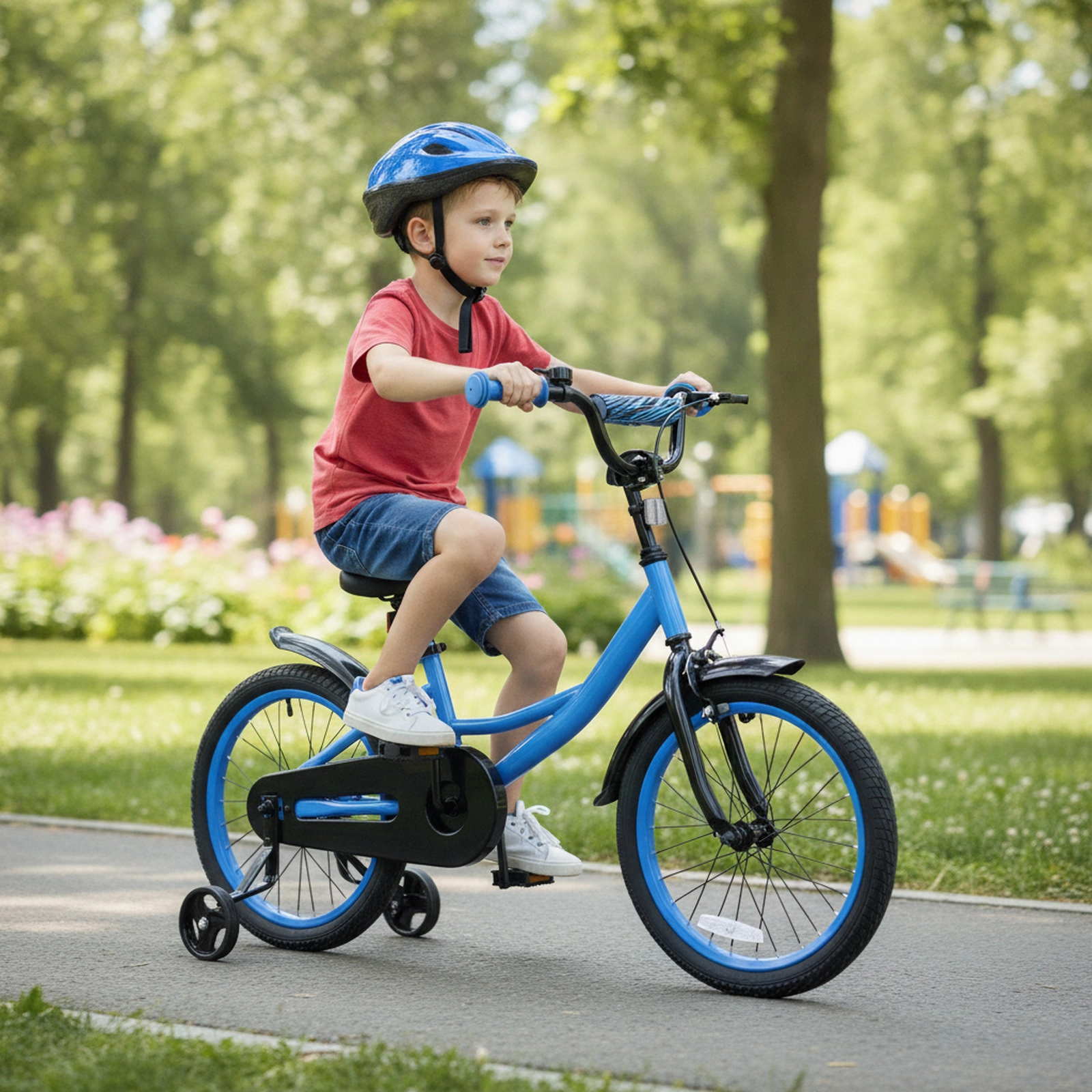 18-in Kids Bike Navy Ages 4-8 Detachable Training Wheels Adjustable Seat Kickstand and Reflectors 145-lb Seat Capacity