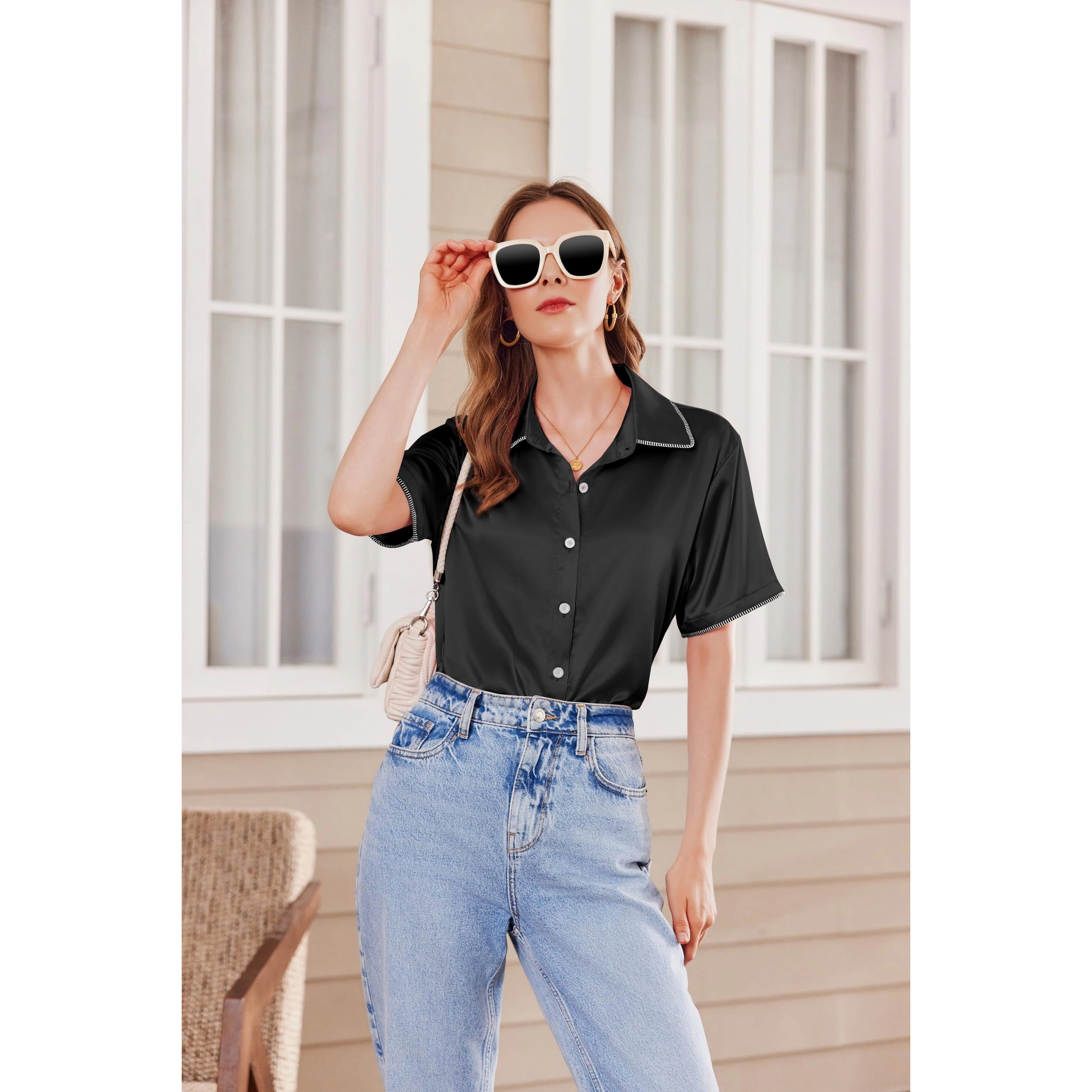 Womens Silk Satin Pajama Sets Short Sleeve Button Down Sleepwear Cozy Loungewear Two Piece Set
