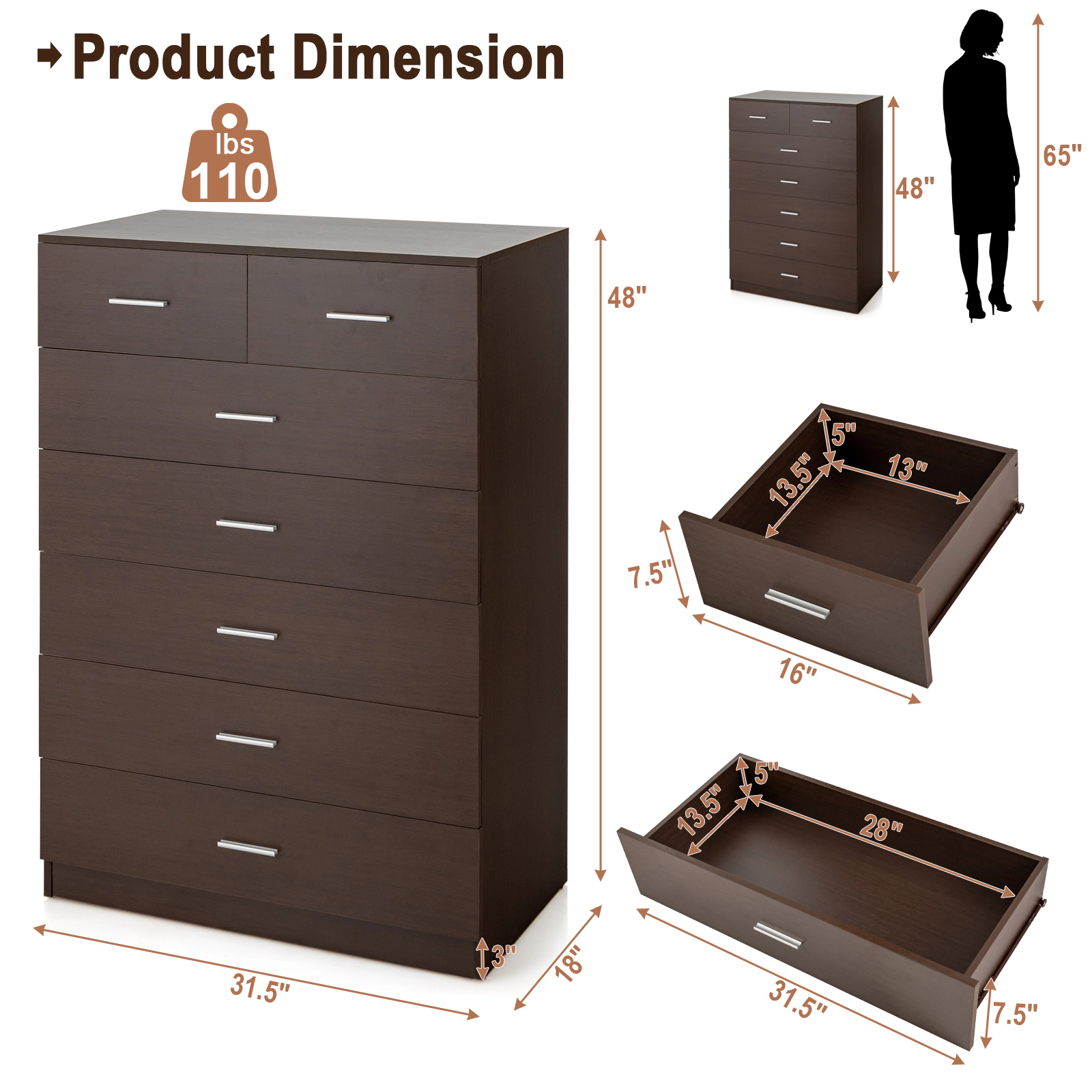 SUGIFT Anti-Toppling Device and Metal Handles 7-Drawer Wooden Chest of Drawers