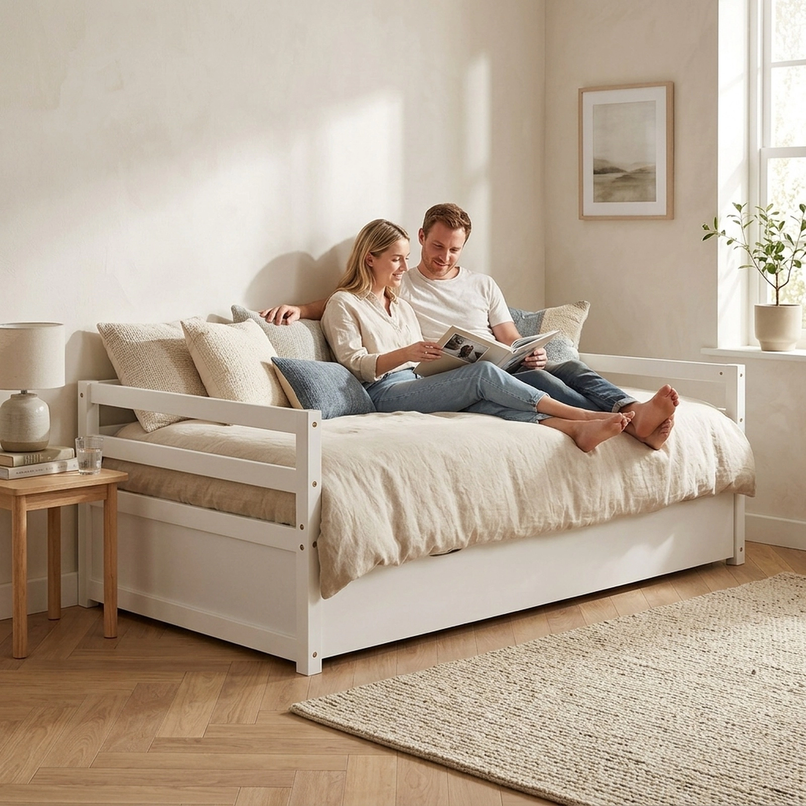 SUGIFT Twin Wood Daybed with Roll-Out Trundle, White Slatted Platform Frame