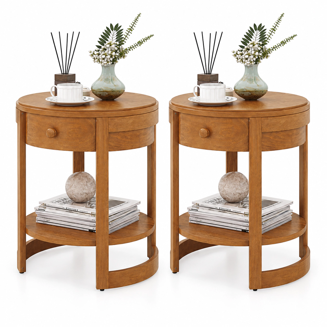 SlickBlue 2 Tier Round End Tables with Drawer Set of 2
