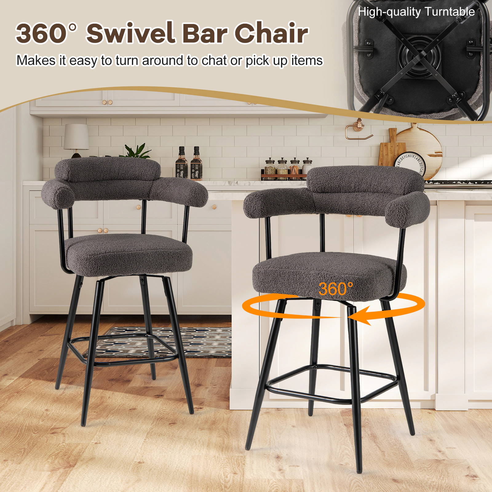SUGIFT Boucle Swivel Counter Height Bar Stool Chairs with Curved Back and Arms 330-lb Capacity Set of 2 Gray