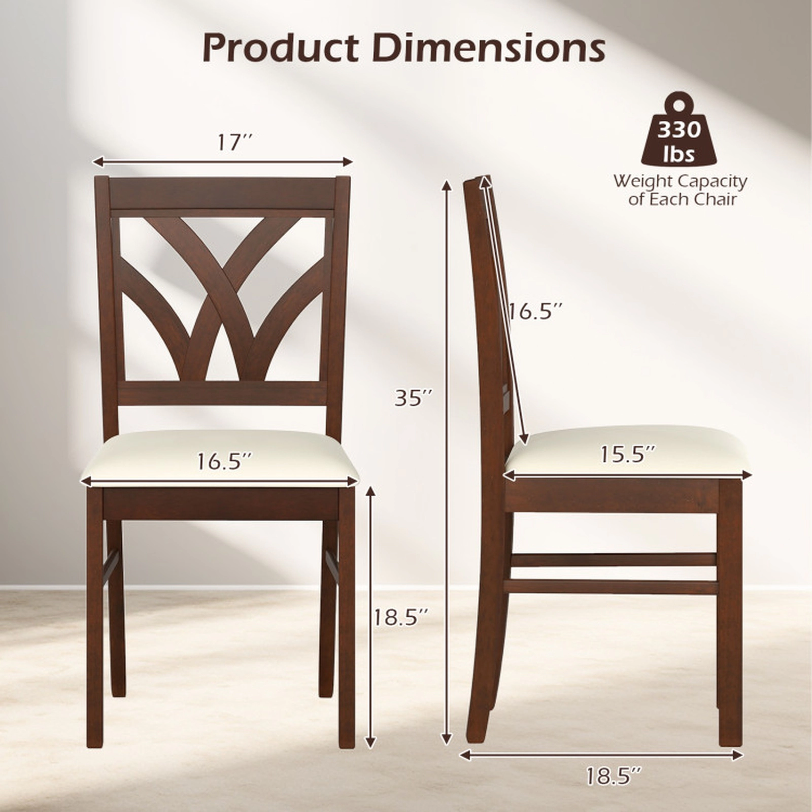 SUGIFT Set of 2 Brown Fabric Upholstered Wood Dining Chairs with Hollowed Backrests