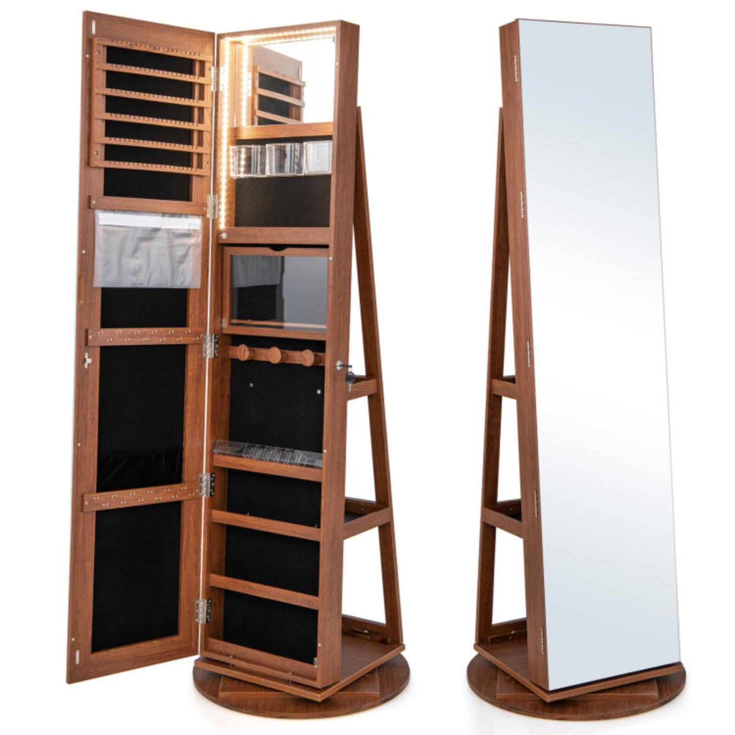Hivvago 360Â° Rotating Mirrored Jewelry Cabinet Armoire 3 Color LED Modes Lockable-Dark Brown