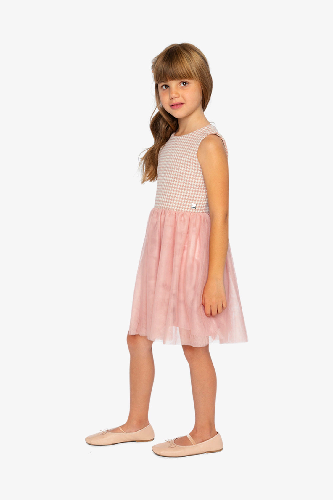 Deux par Girls Bi-Material Sleeveless Houndstooth Print Mesh Skirt Dress