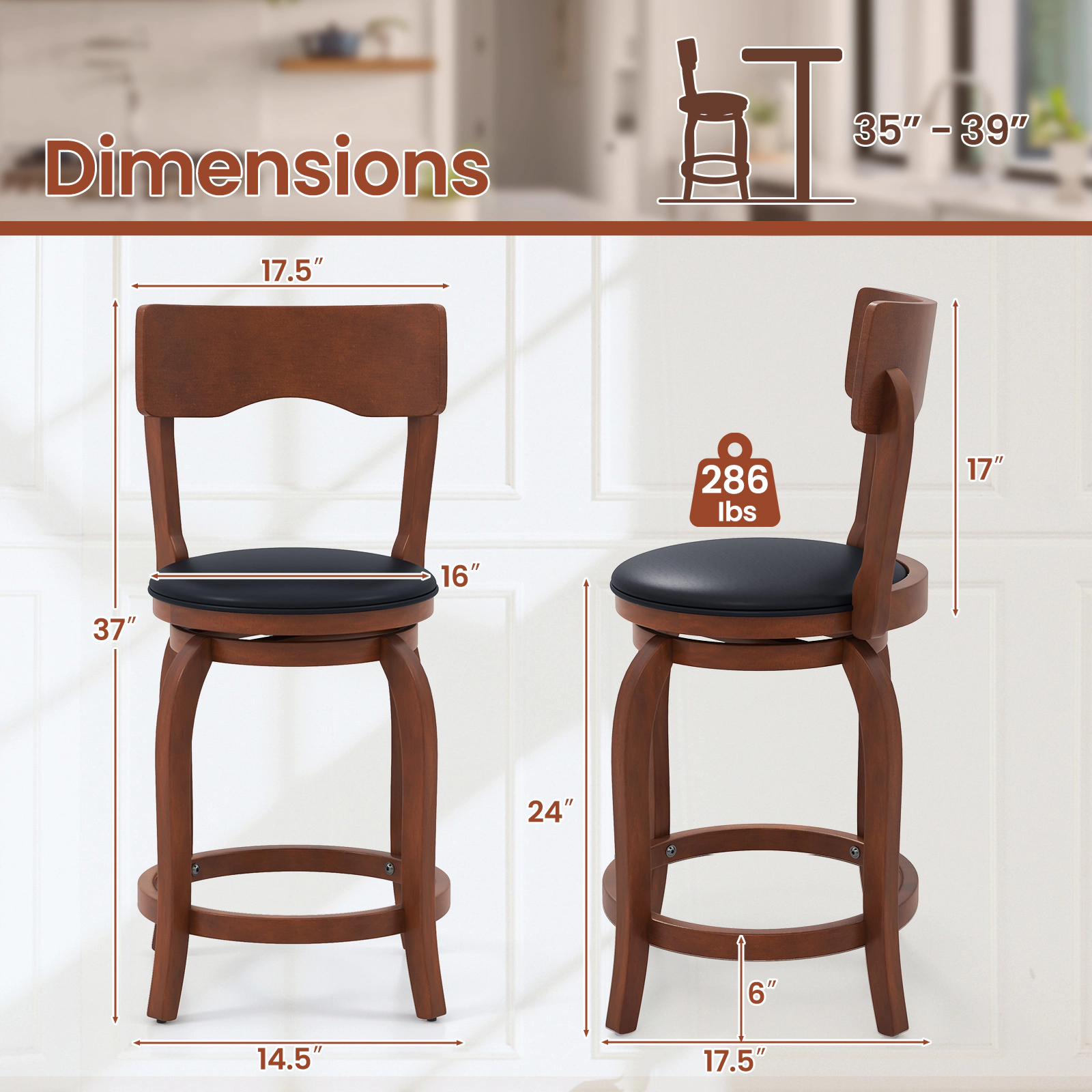 SUGIFT 360° Swivel Counter-Height Bar Stools 286-lb Capacity 24-in Seat Brown + Black