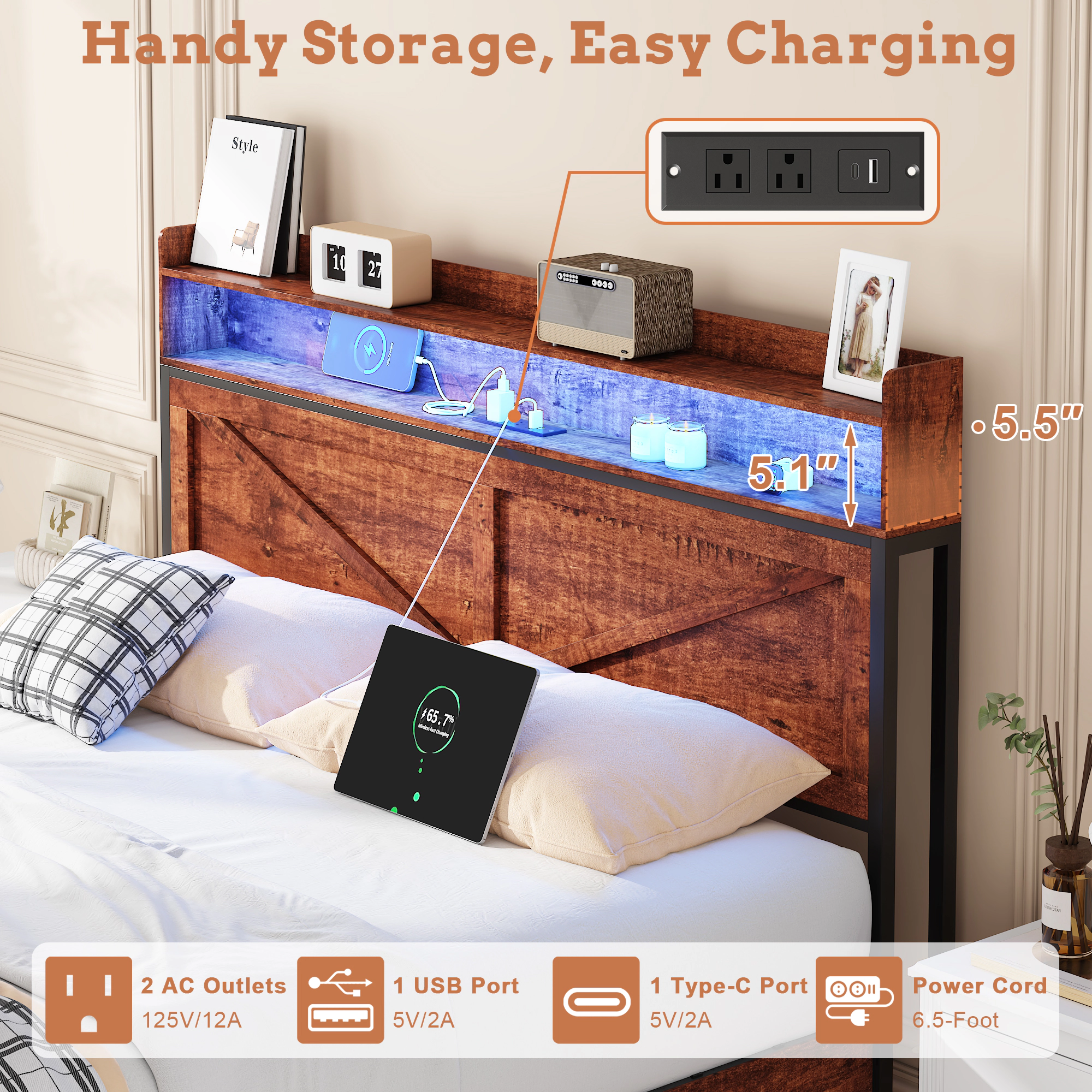 Flynama Queen Bed Frame with Storage & LED Headboard, Anti-Slip Metal Platform, Brown