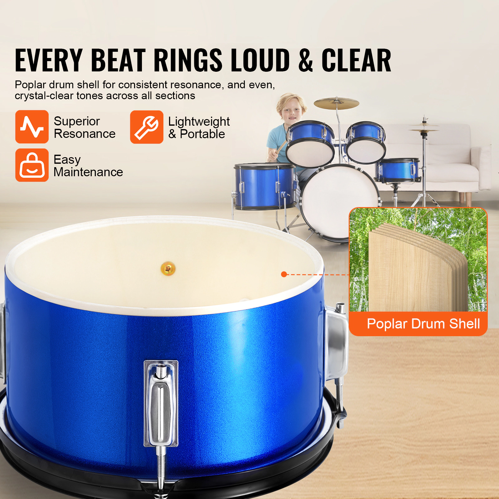 HONGGE Kids Drum Set Junior Sets Beginner Drums with Adjustable Throne Cymbal & Two Pairs of Drumsticks