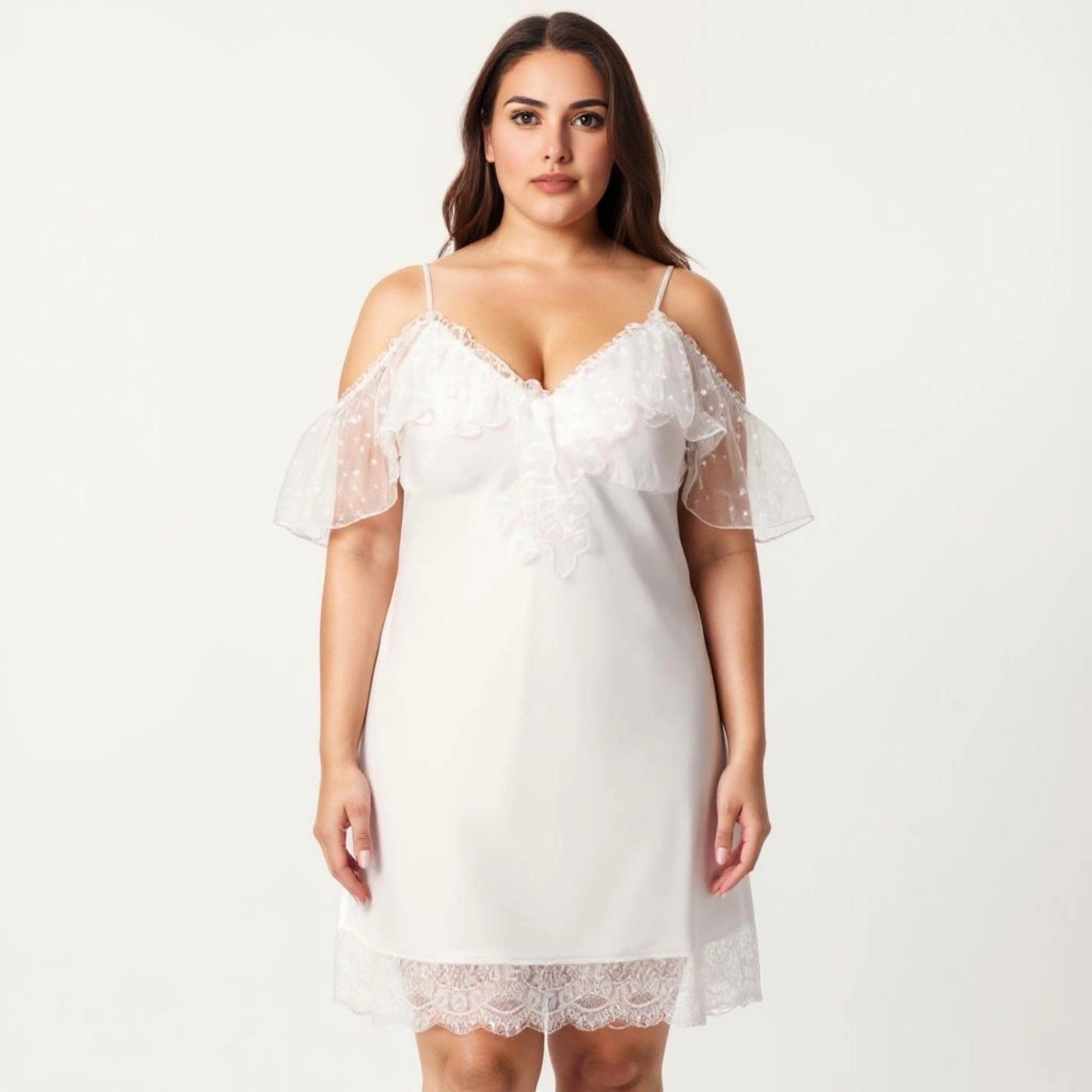 Anna-Kaci Women's Plus Chiffon Chemise Ruffle Sleeve Lace Trim Nightgown Adjustable Strap Sleep Dress