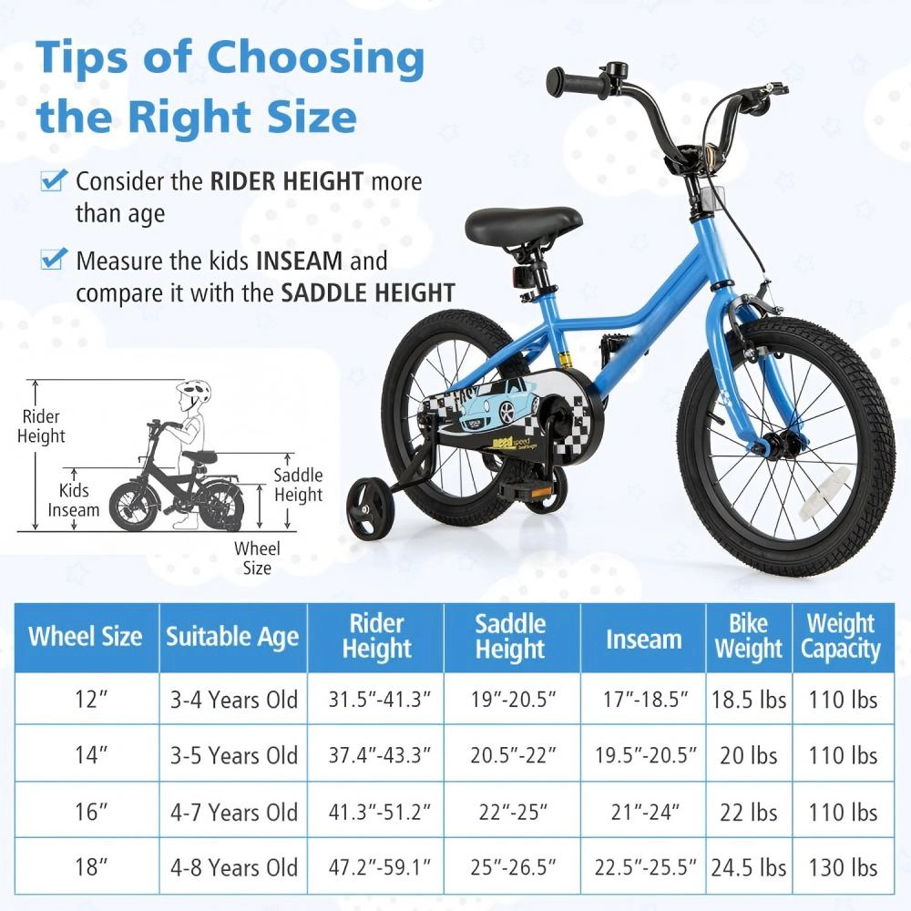 SUGIFT Blue Removable Training Wheels Carbon Steel Frame and Adjustable Seat Kids Bike