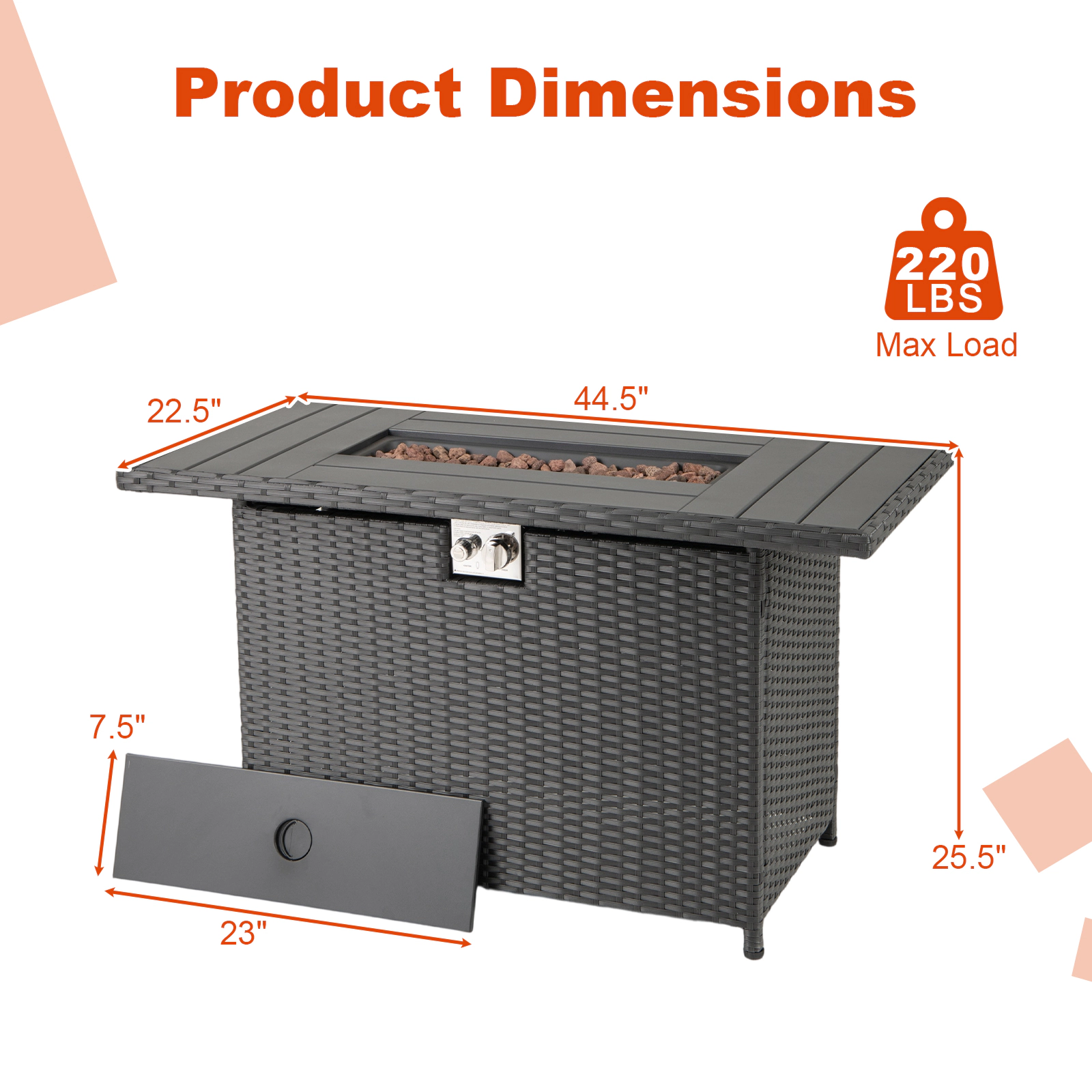 SUGIFT 44.5-in Propane Rattan Gas Fire Pit Table 50,000 BTU 220-lb Tabletop Capacity 2-in-1 Stainless Steel Burner Black