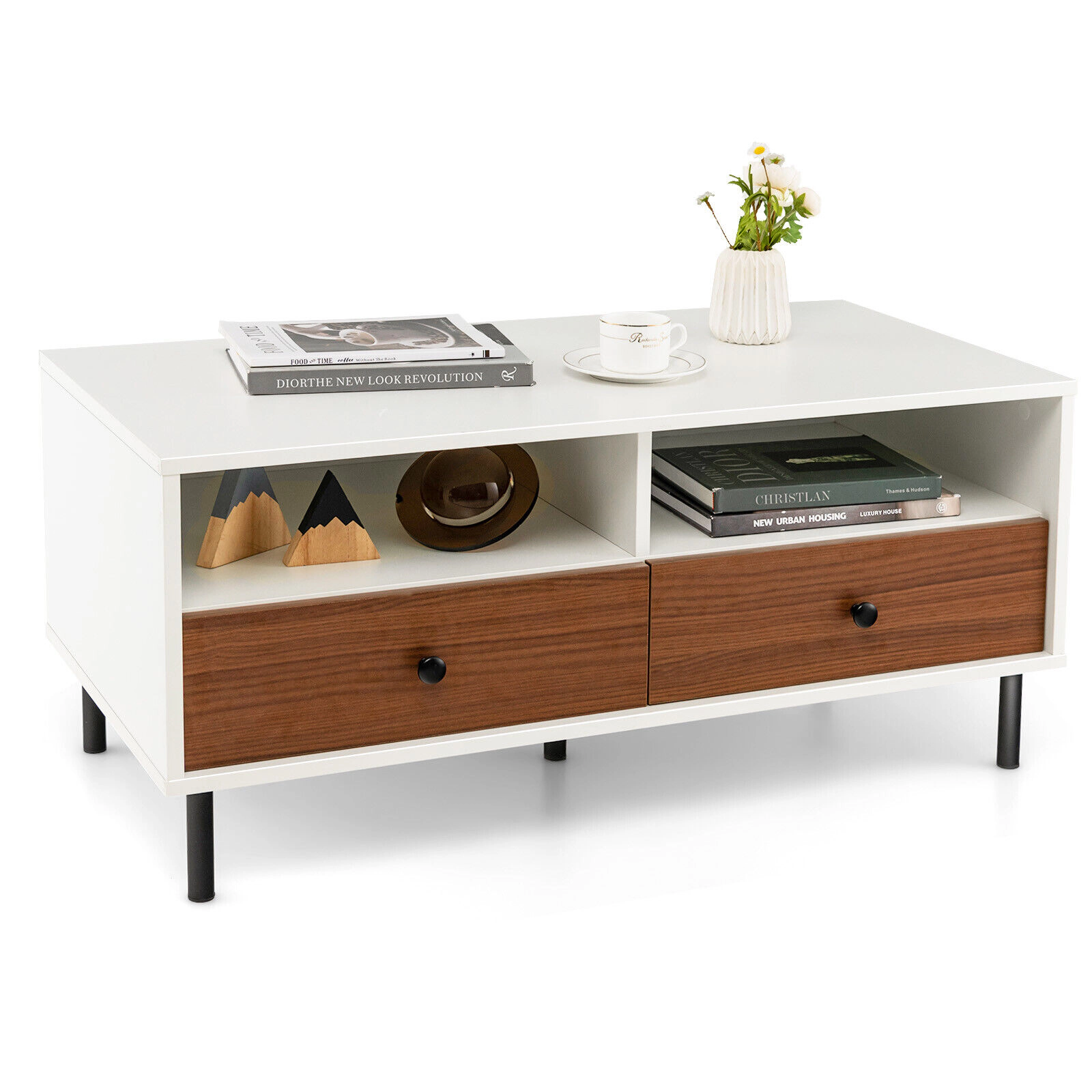 SUGIFT 2 Tier 40-in Rectangle Coffee Table with Storage Shelf and Drawers 200-lb Tabletop Capacity 40 x 20 x 18 in White