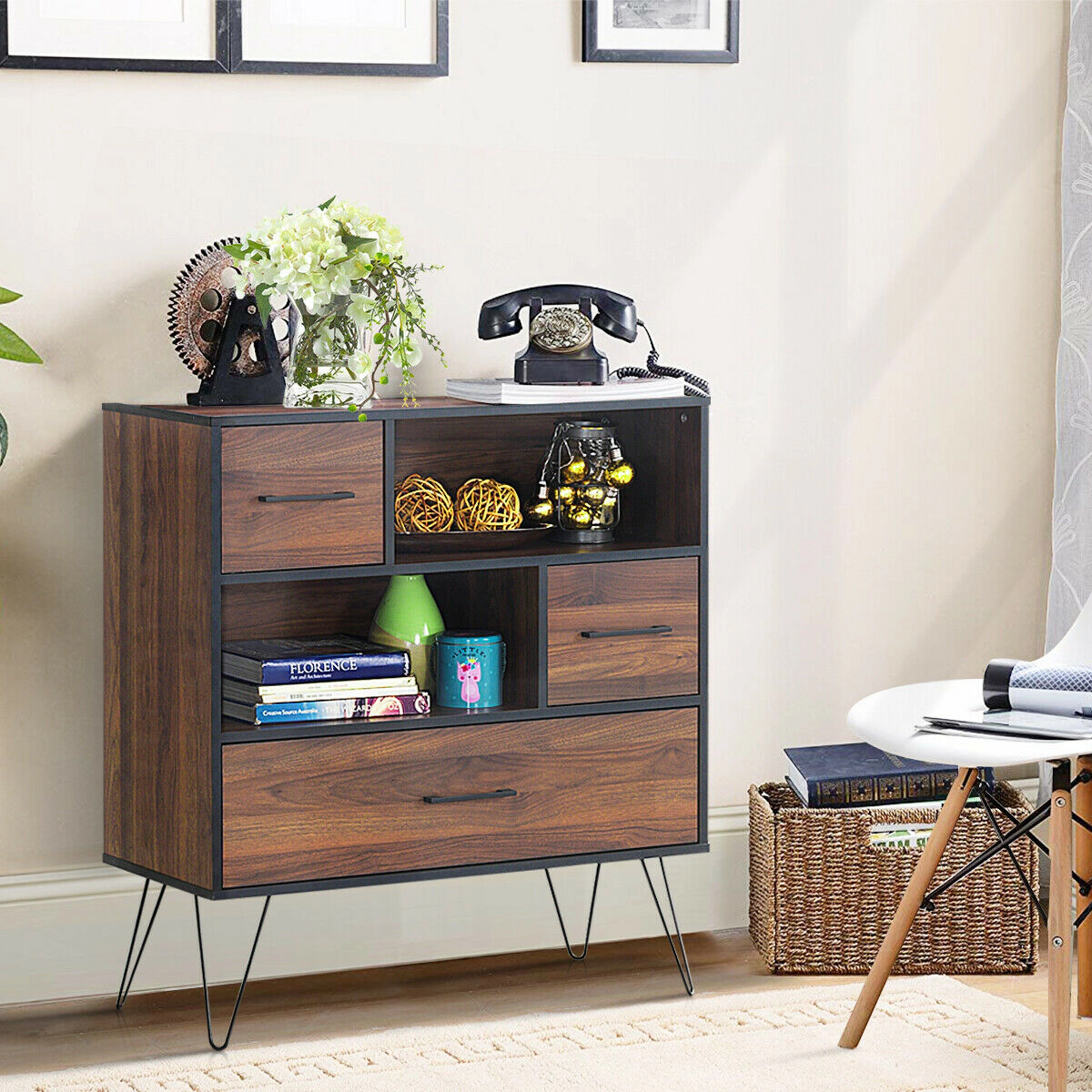 Slickblue 3 Tier Freestanding Storage Cabinet with Drawer Shelves and Metal Leg Base