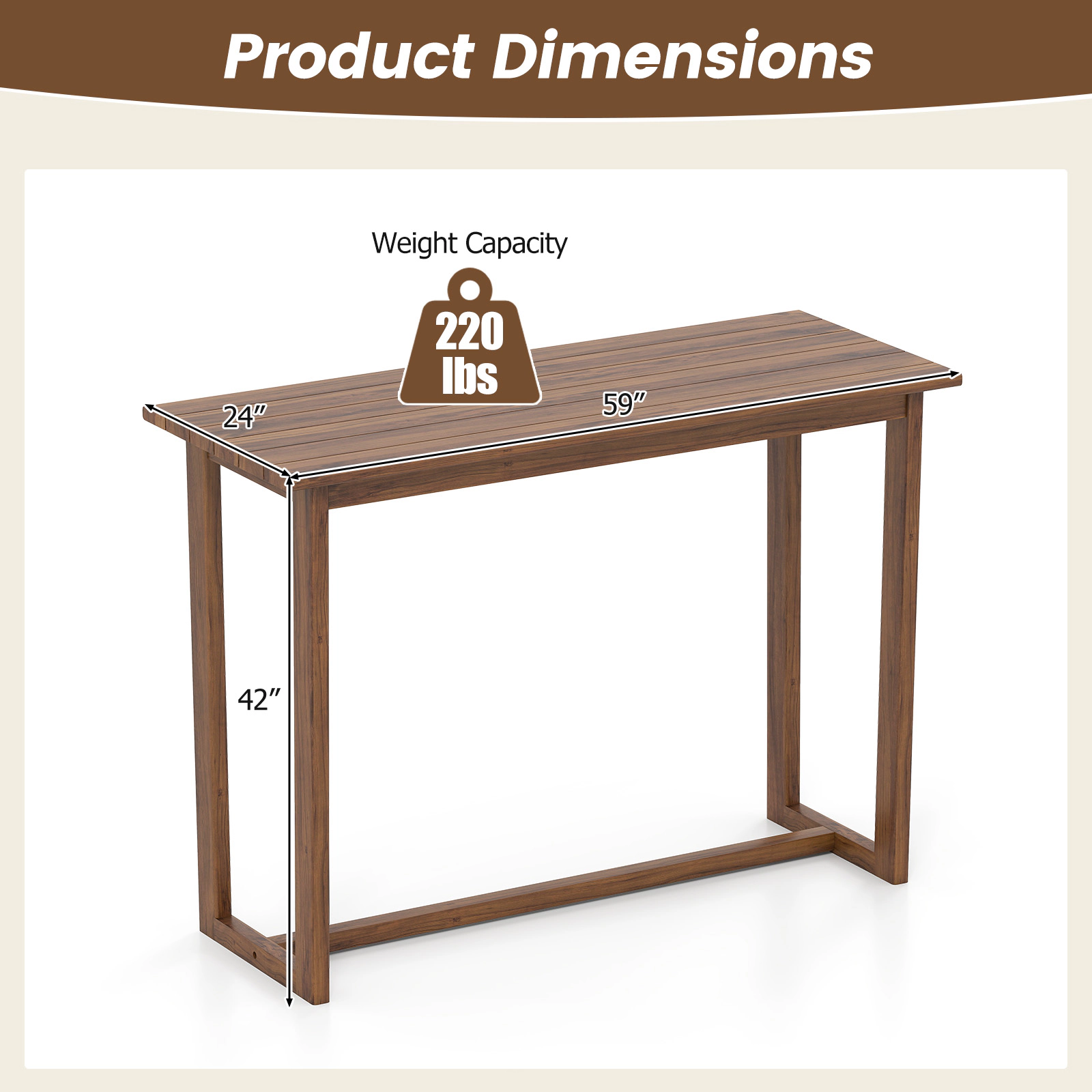 SUGIFT 59-in Slatted Teak Wood Outdoor Bar Table 220-lb Capacity 42-in Tall Natural for 28-32 in Barstools