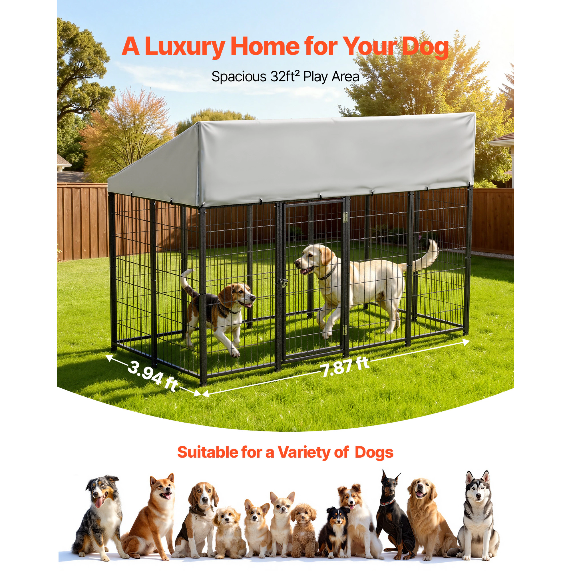 HONGGE 7.87 x 3.94 x 5.4 ft Outdoor Dog Kennel with Waterproof UV-Resistant Roof and Secure Lock for Large Dogs
