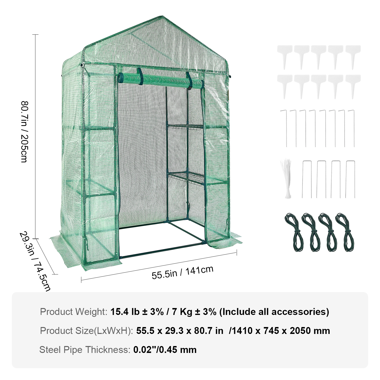 HONGGE Walk-In Greenhouse, 4.6 x 2.4 x 6.7 ft, Steel Frame with 4 Shelves & Roll-Up Zipper PE Cover