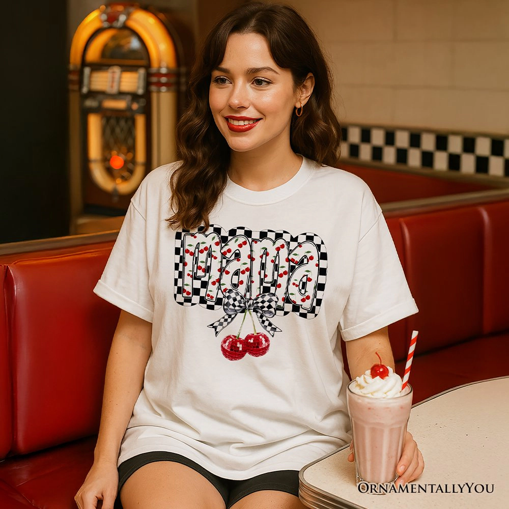 OrnamentallyYou Womens Checkered Cherry Disco Mama T-Shirt
