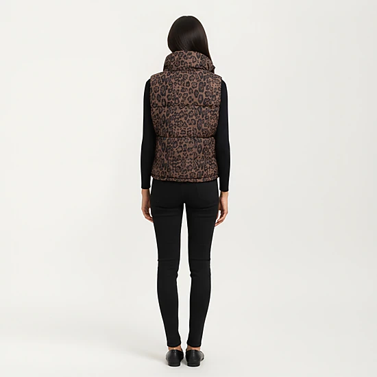 Anna-Kaci Women's Leopard Print Puffer Vest with High Stand Collar and Quilted Soft-Padded Body
