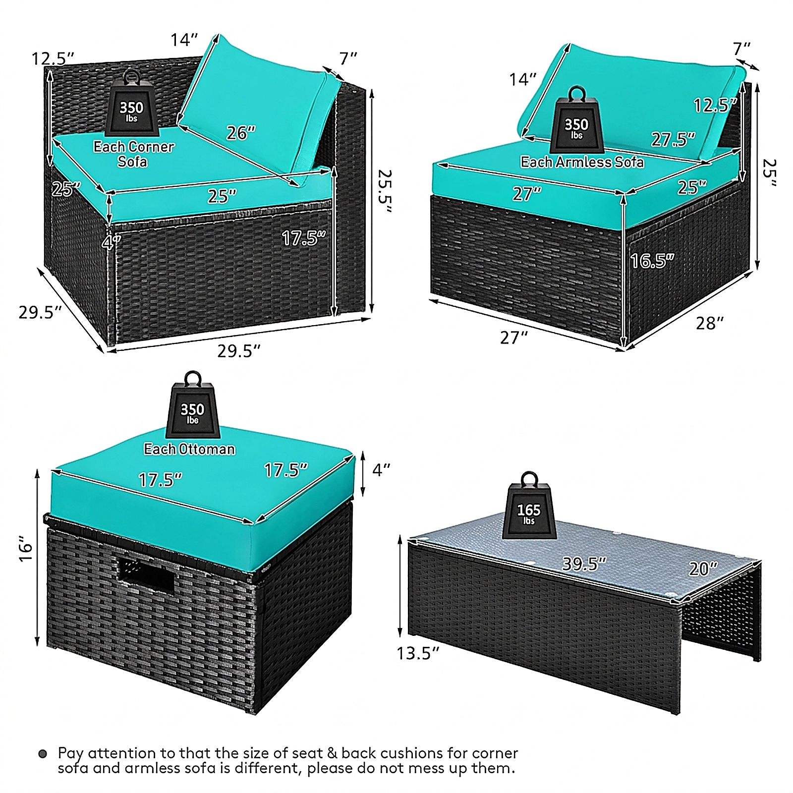 SUGIFT Storage Box and Glass Coffee Table 8-Piece Turquoise Patio Rattan Modular Set
