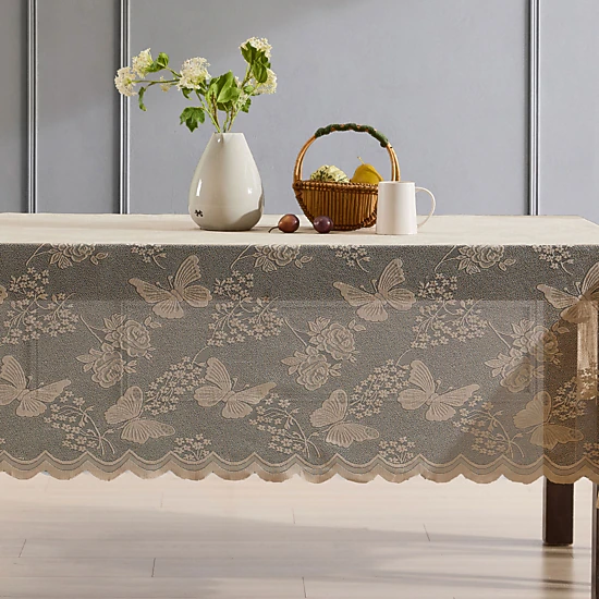 HLC.ME Butterfly Floral Scalloped Lace Fabric Wrinkle Resistant Tablecloth