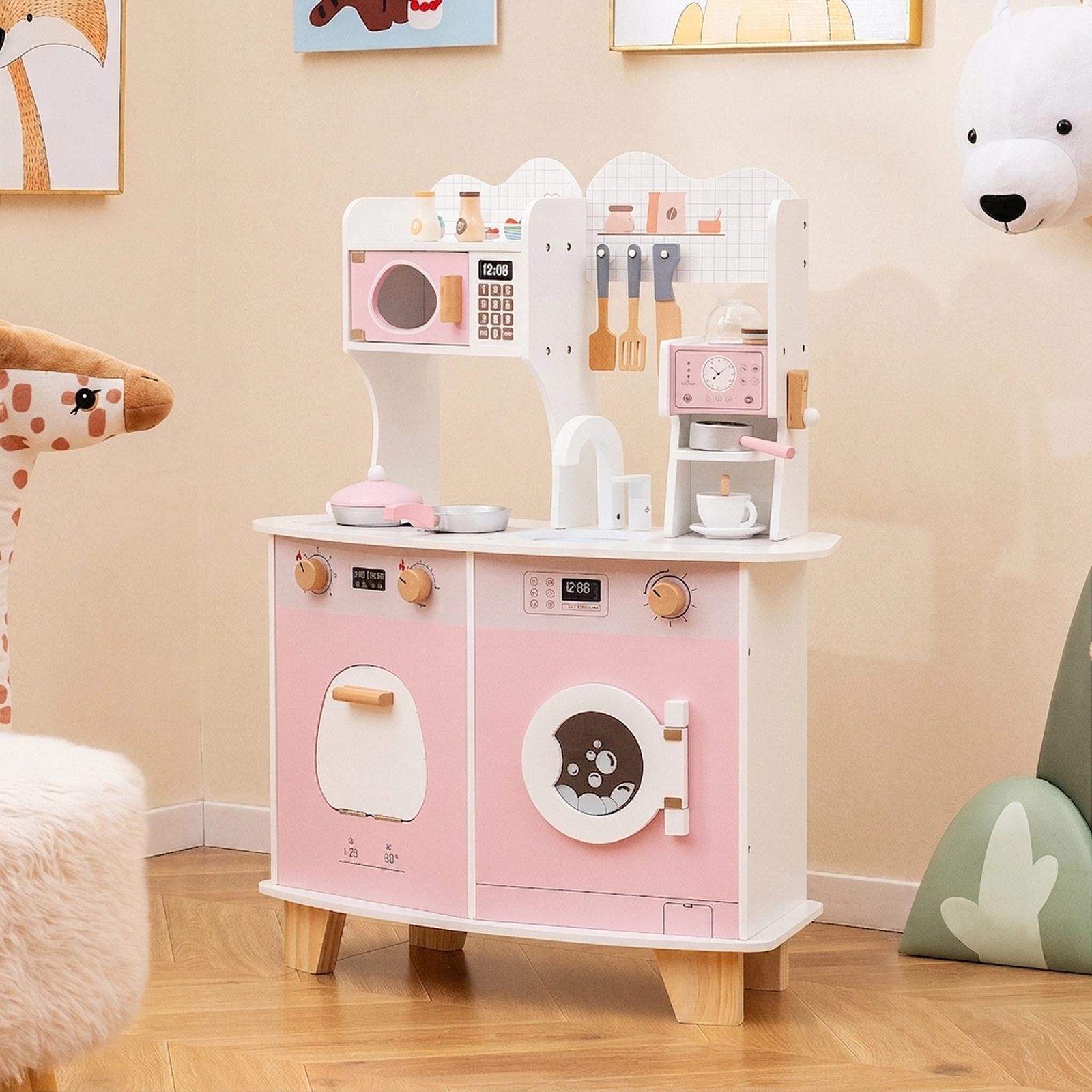 Wooden Kids Kitchen Playset with Coffee Maker Washing Machine Utensil Rack and Support Legs 28-in x 12-in x 35-in Pink