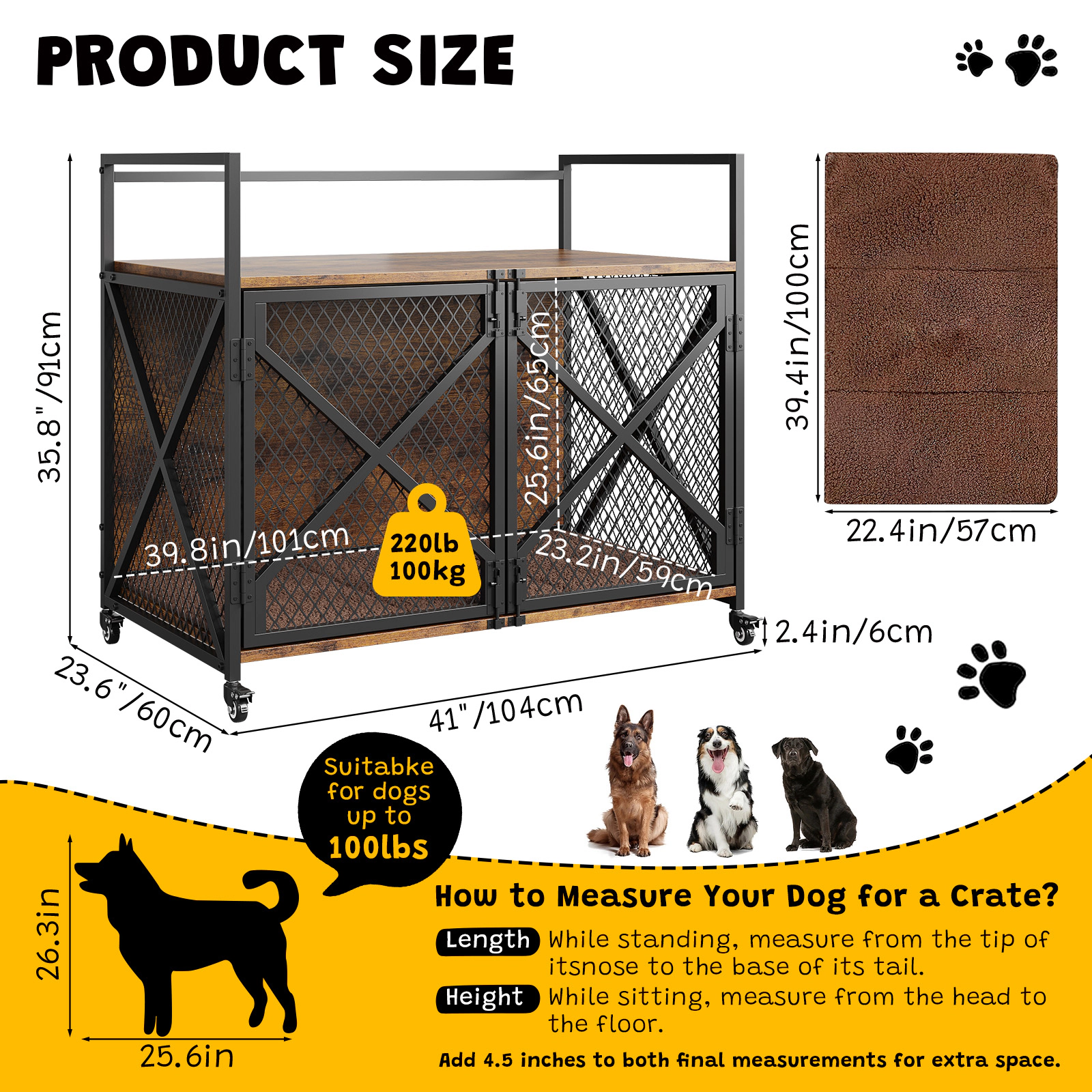 Farmhouse Style Dog Crate Furniture with 360° Wheels & 4 Latches, Heavy Duty End Table for Living Room, Rustic Brown