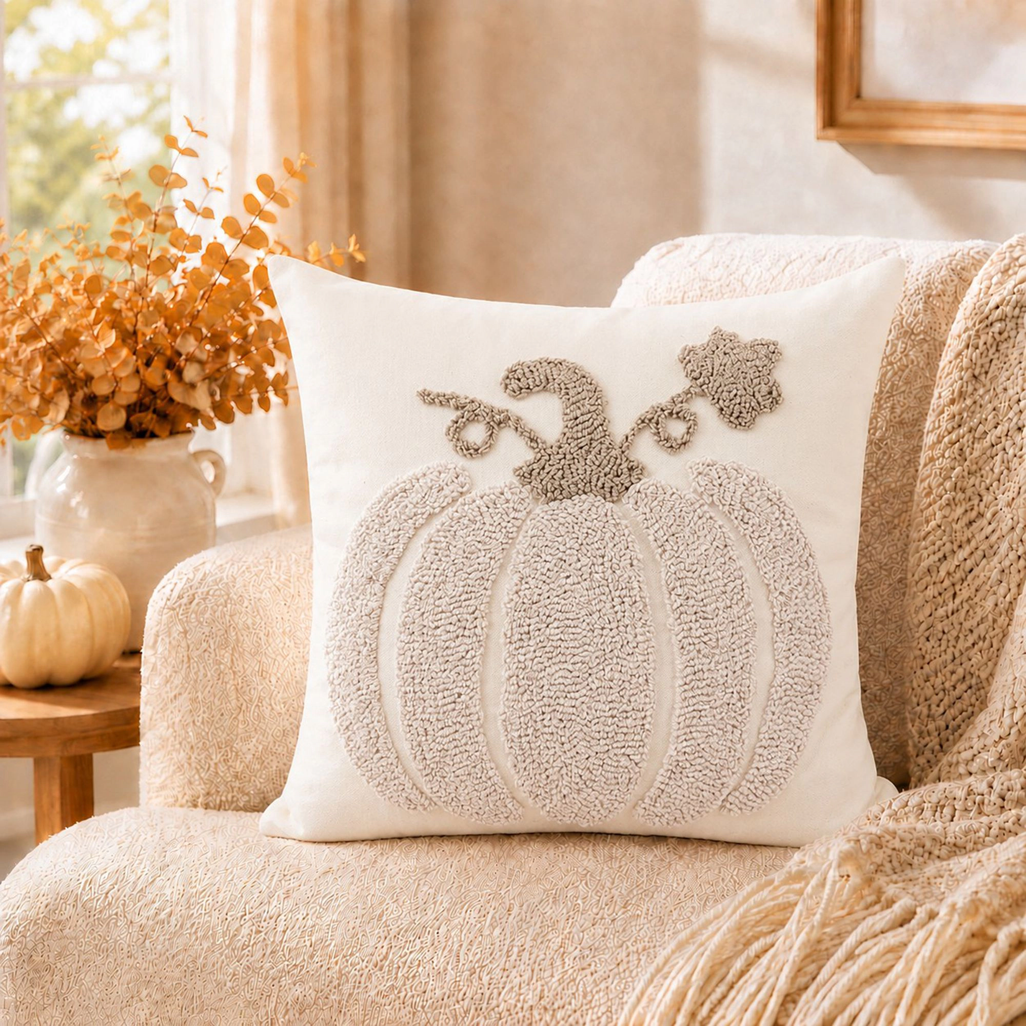 Alilang Fall Thanksgiving Tufted Pumpkin Vine Decorative Throw Pillow Cover