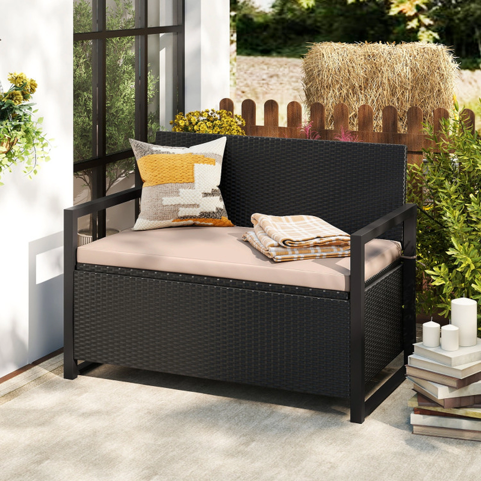 SUGIFT Patio Storage Bench Wicker Loveseat with Under-Seat Storage 800-lb Capacity Mix Brown/Mix Gray