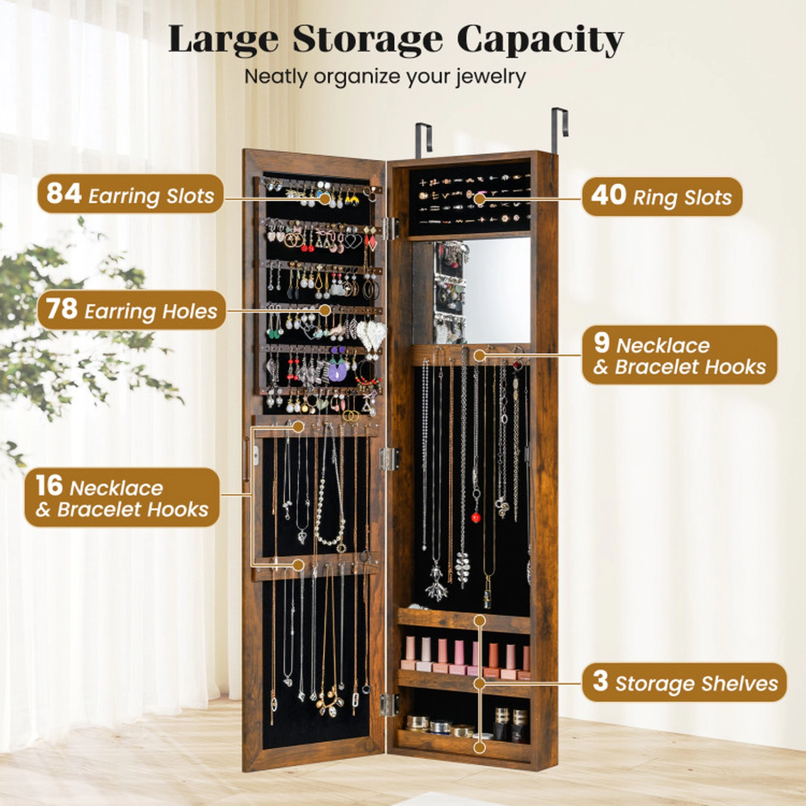 SUGIFT Over Door Mount Full-Length Mirror Jewelry Cabinet Armoire 12.5-in x 3.7-in x 43.5-in 25 Hooks Rustic Brown