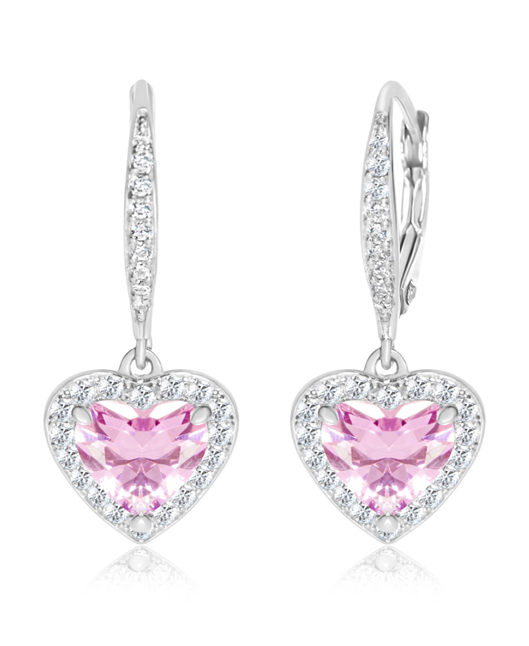CHANTEUR Kids Heart Pink Crystal Leverback Earrings - White Gold Palladium Plating