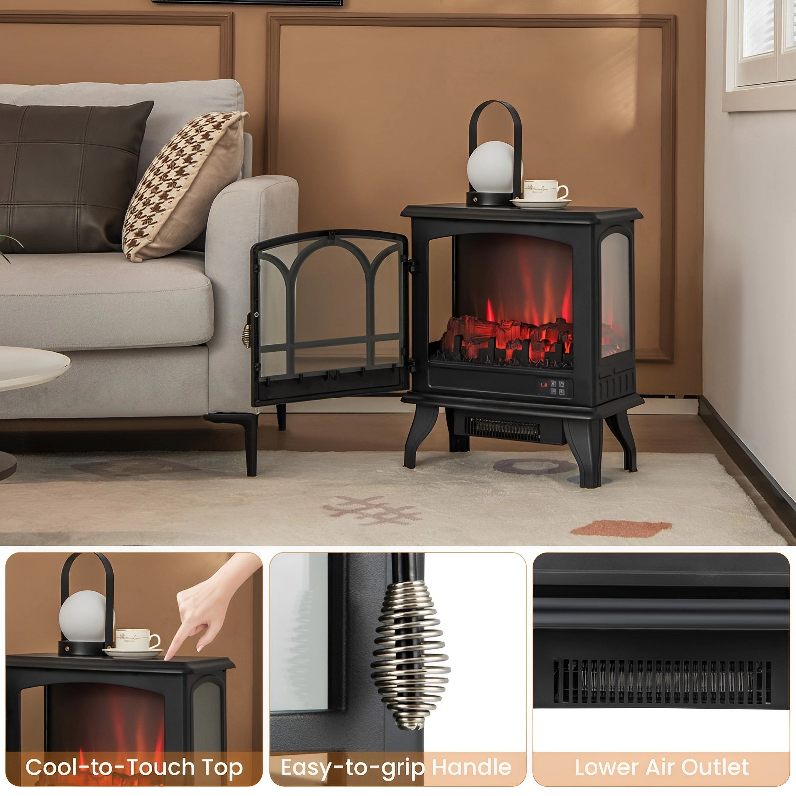 SUGIFT 1400W Freestanding Electric Fireplace Stove, 5000 BTU, 3-Sided Panoramic Flame View