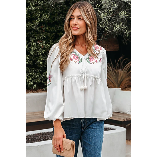 Threaded Pear Women's Skylar Flower Lace-up Babydoll Blouse