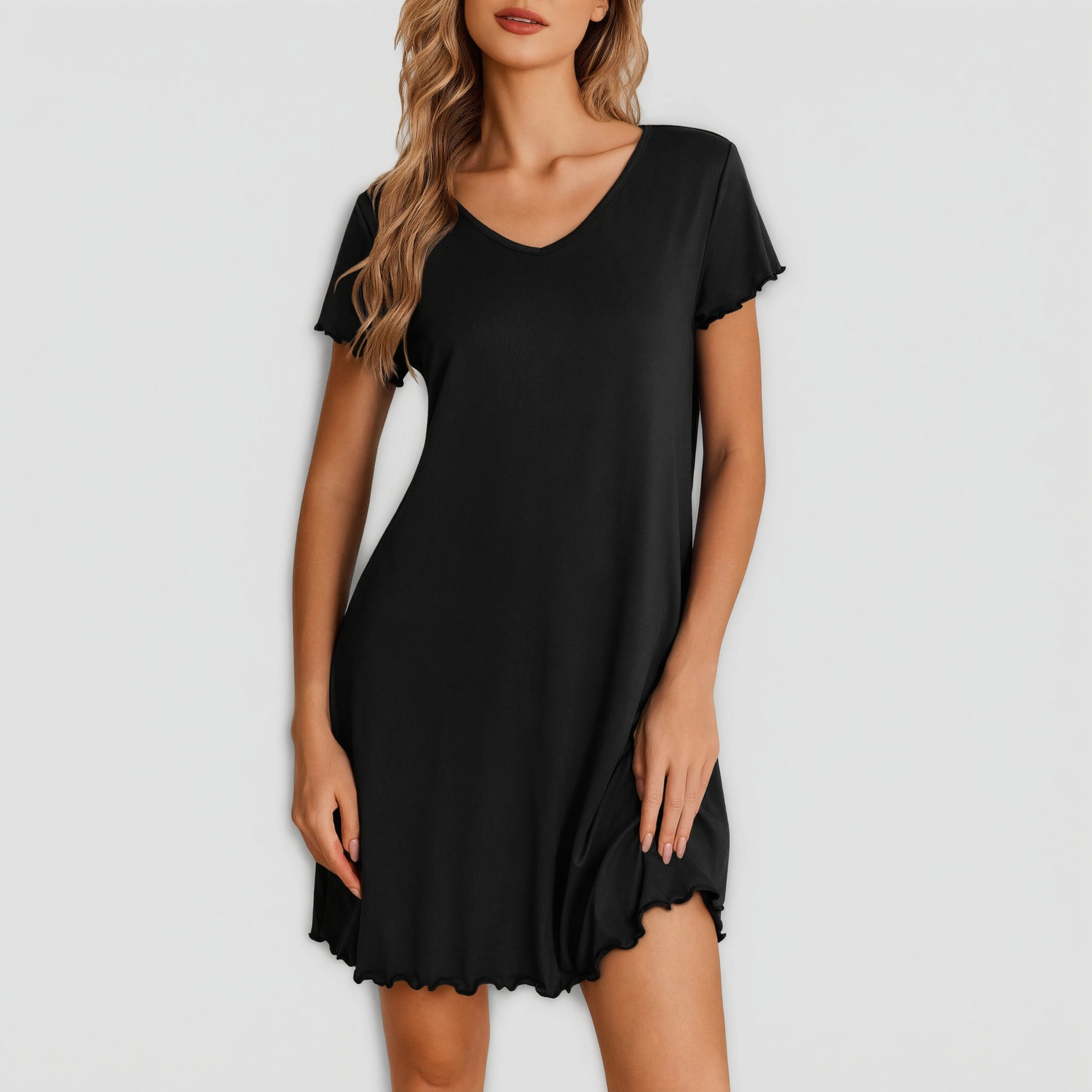 Ekouaer Nightgowns for Women Short Sleeve Sleepshirt V Neck Nightshirt Pullover Soft Ruffled