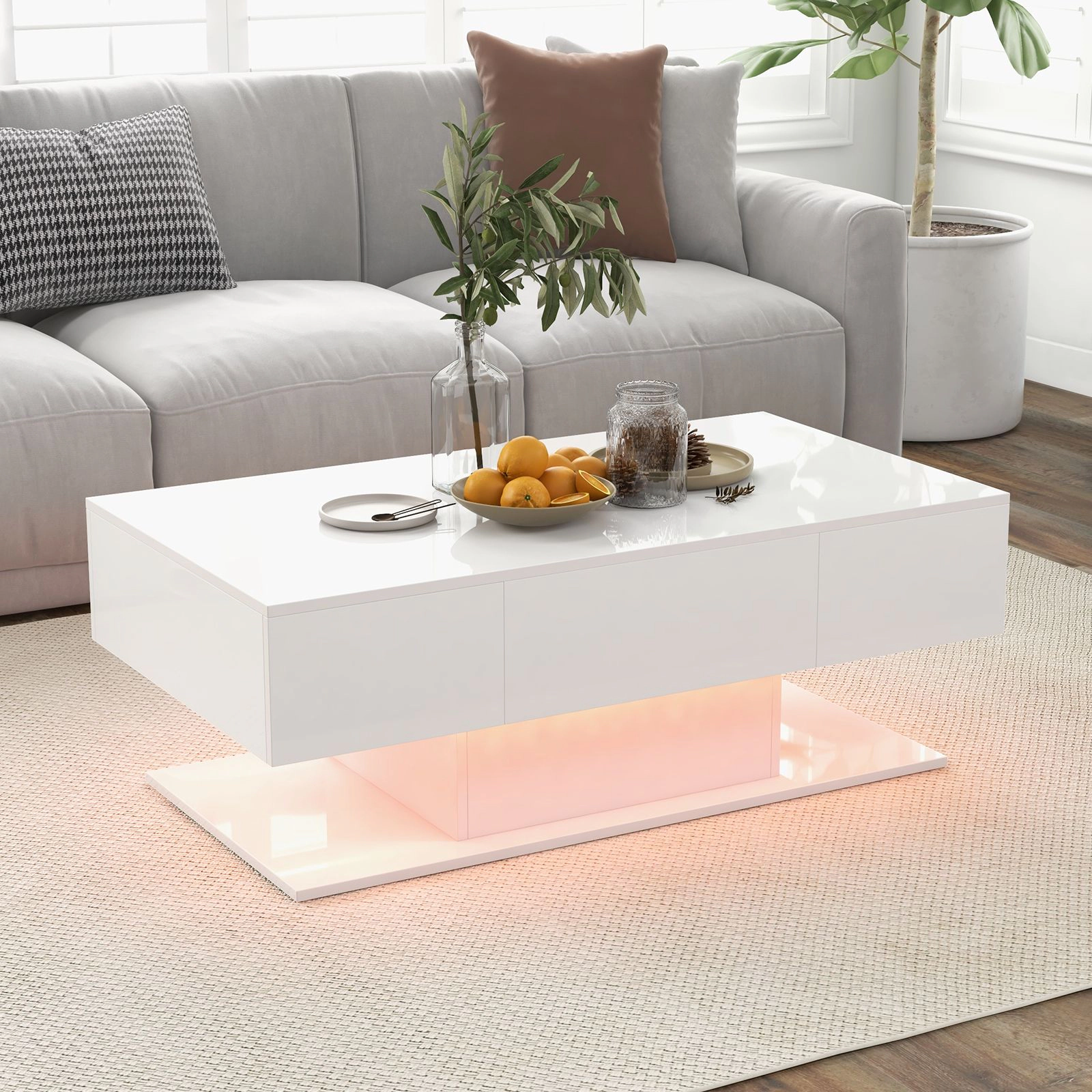 SlickBlue LED Coffee Table with Storage Drawers and High Gloss Finish