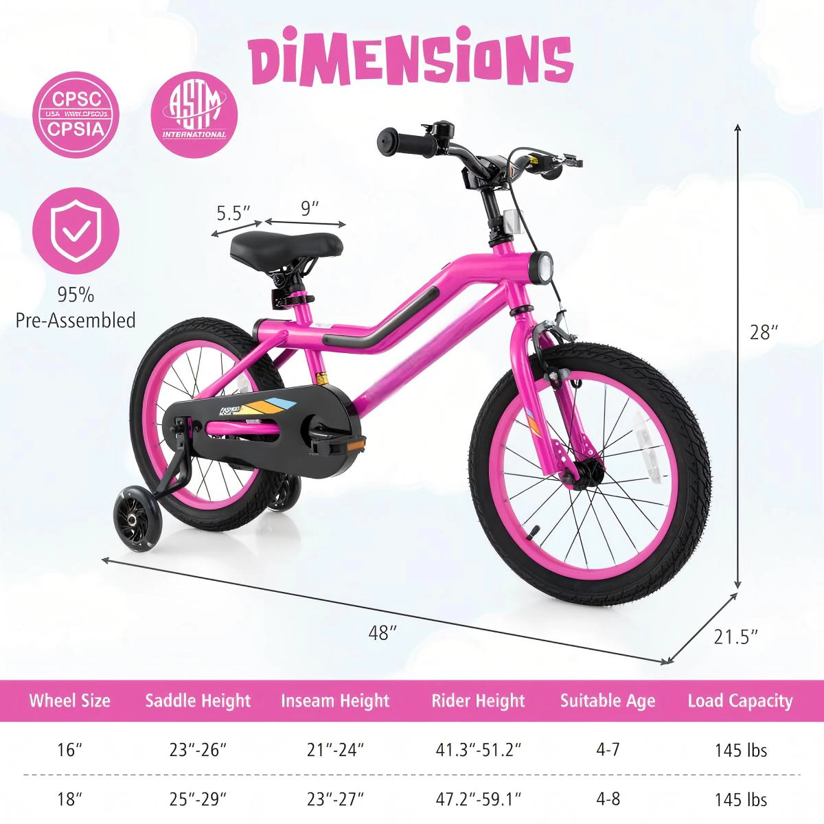 SUGIFT Pink Training Wheels Headlight and Padded Seat Kids 16 Inch LED Lighted Bike