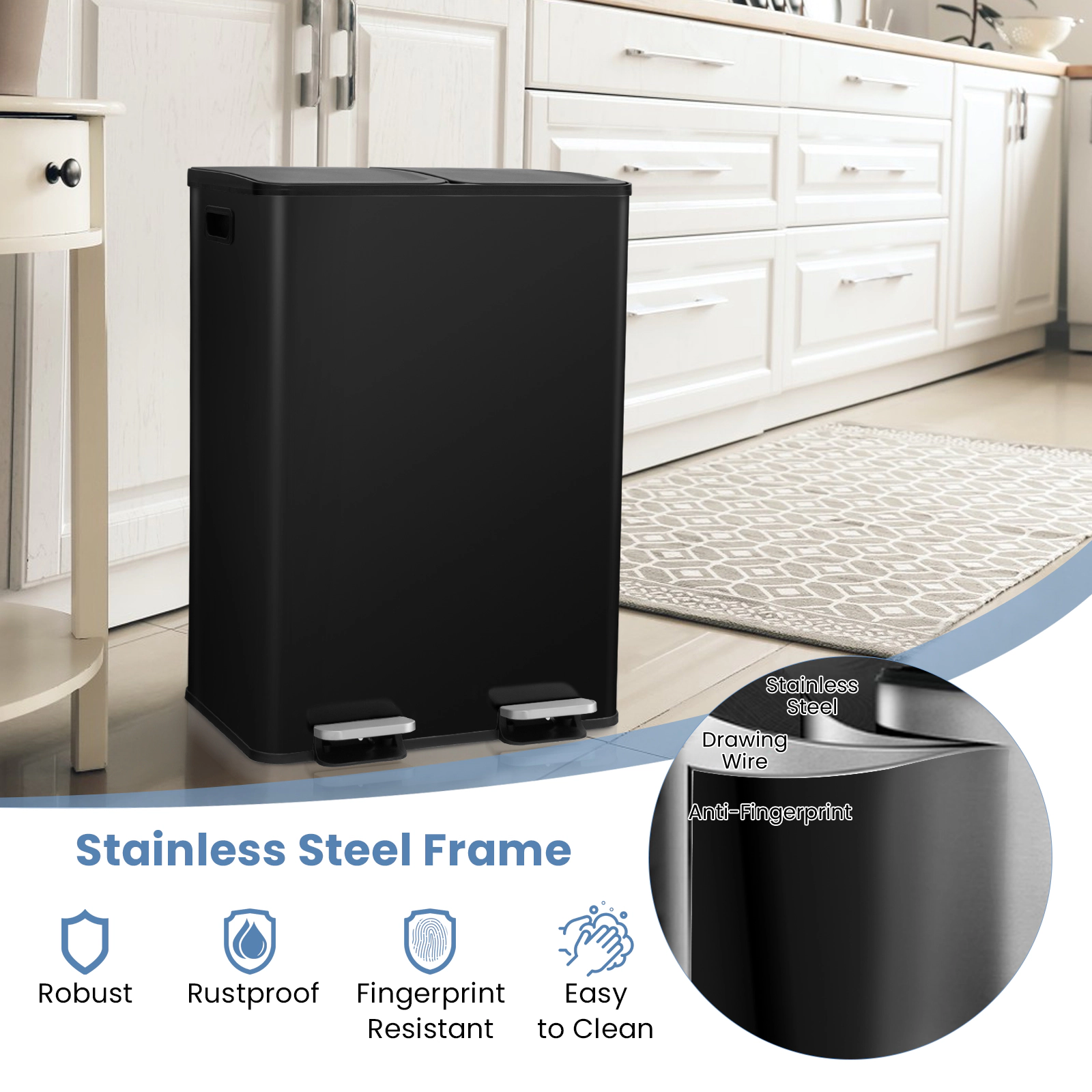 SUGIFT 2 x 8-Gal Black Dual Compartment Stainless Steel Step Trash Can with Deodorizer Compartments