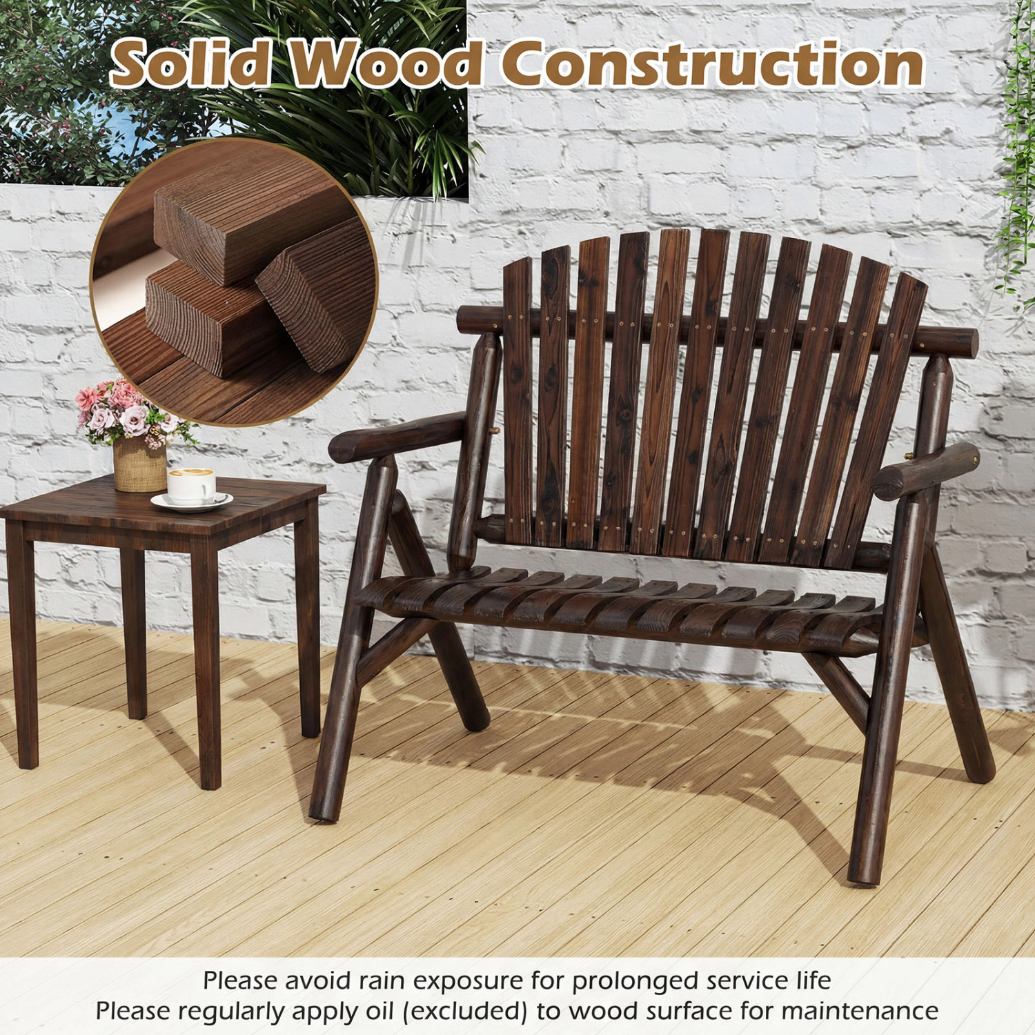 LJG 2-Person Log Wood Patio Bench with Slatted Backrest for Deck Backyard