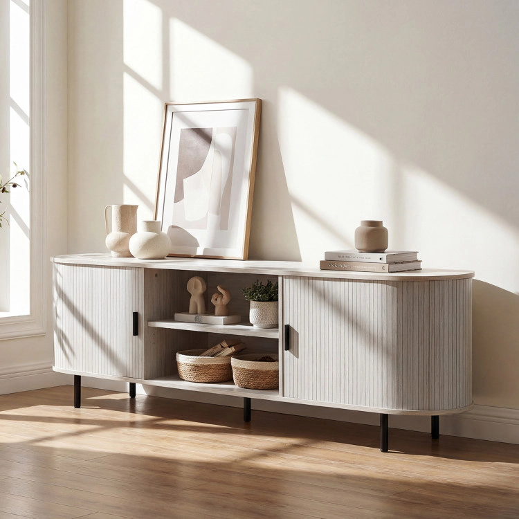 Hivvago Tv Stand For 80 Inch Tvs Mid Century Modern Entertainment Center With Fluted Sliding Doors