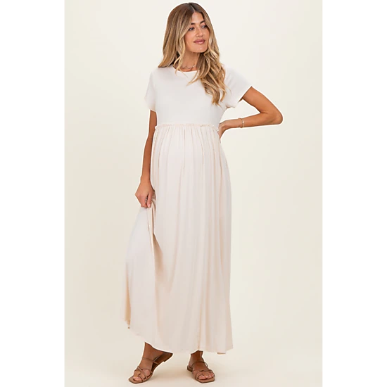 PinkBlush Womens Soft Lemon Ruffle Trim Maternity Maxi Dress