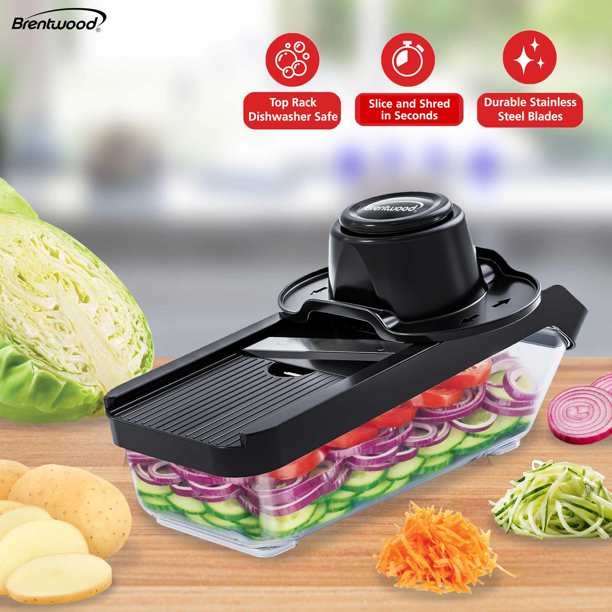 Brentwood 3.6 Cup Mandolin Slicer and Cheese Grater in Black with 6 Interchangeable Blades