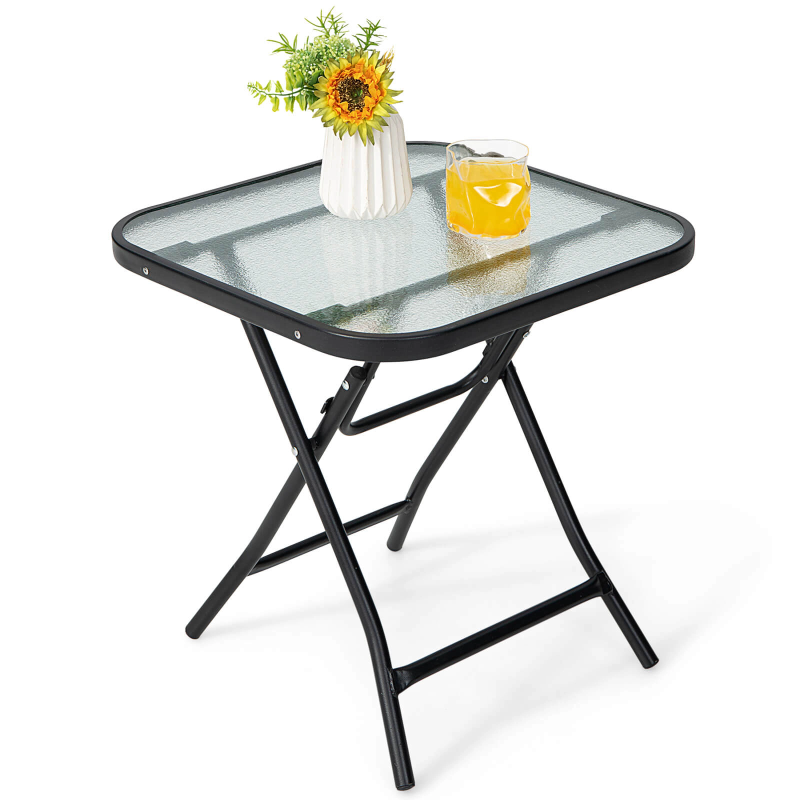 SUGIFT Black 18-In Square Folding Bistro Table with Tempered Glass Top