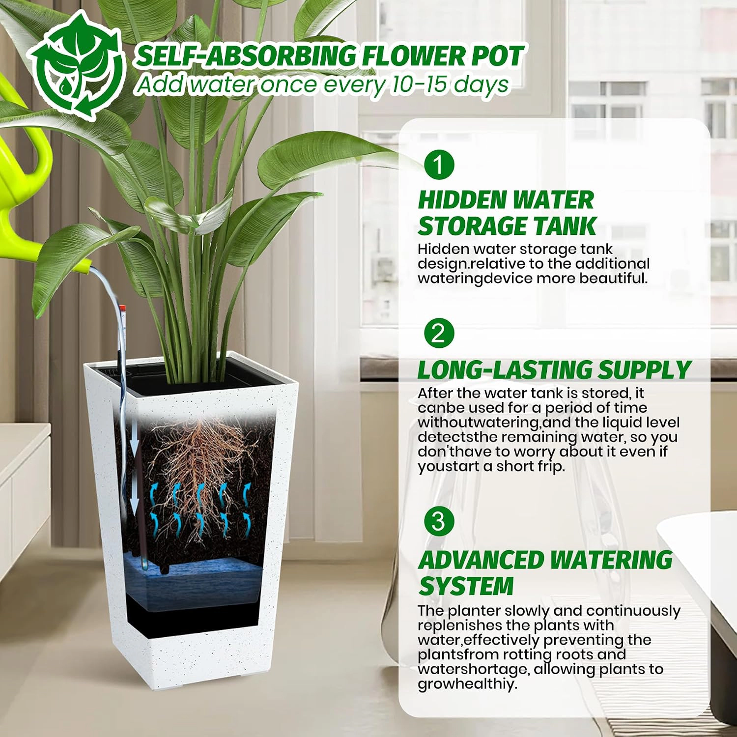 Set of 2 Rectangular Planters 21.6" Tall, Self-Watering Drainage & Water Level Monitor, Wheels, Indoor Outdoor