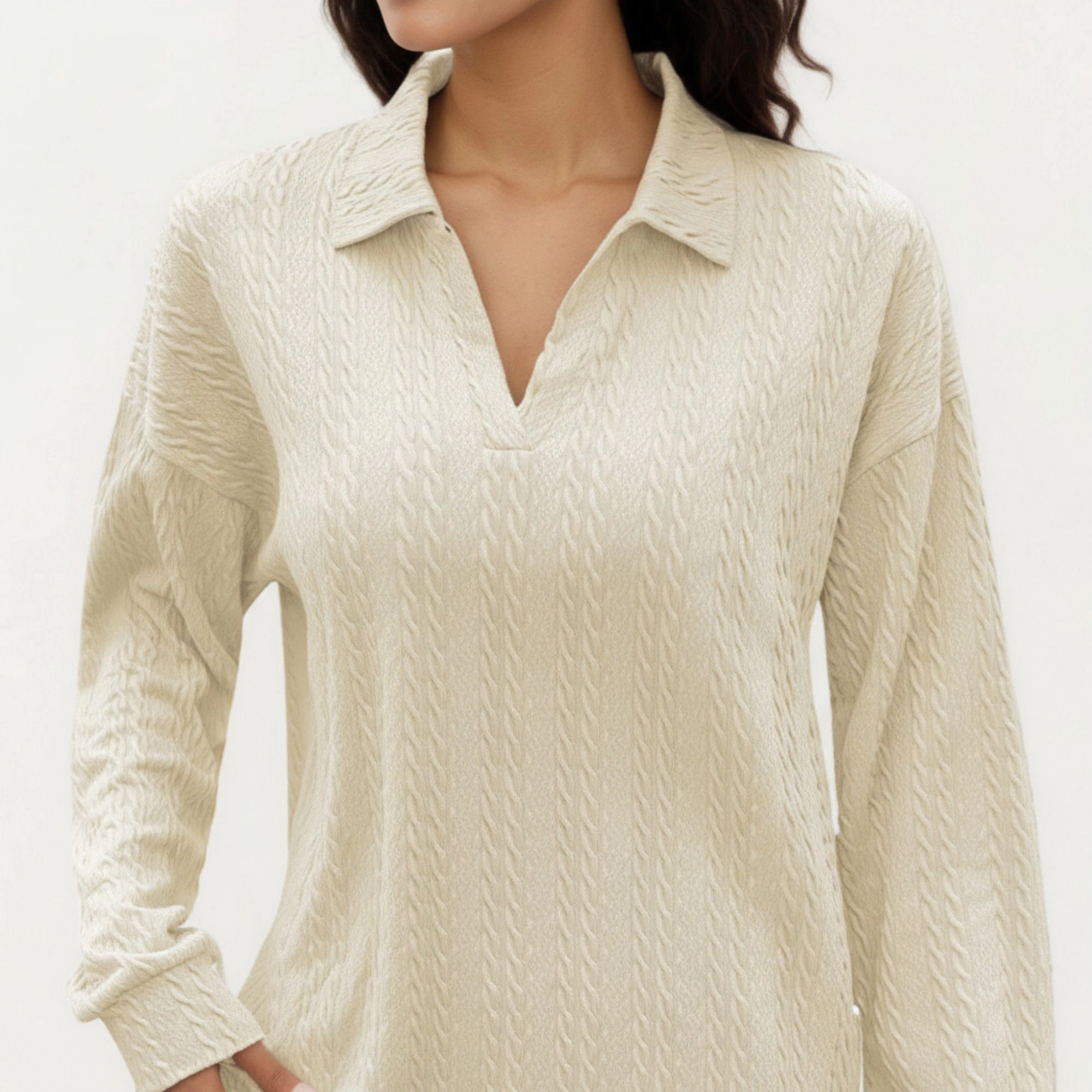 Anna-Kaci Women's Subtle Textured Pattern Collared Relaxed Fit Long Sleeve Knit Top