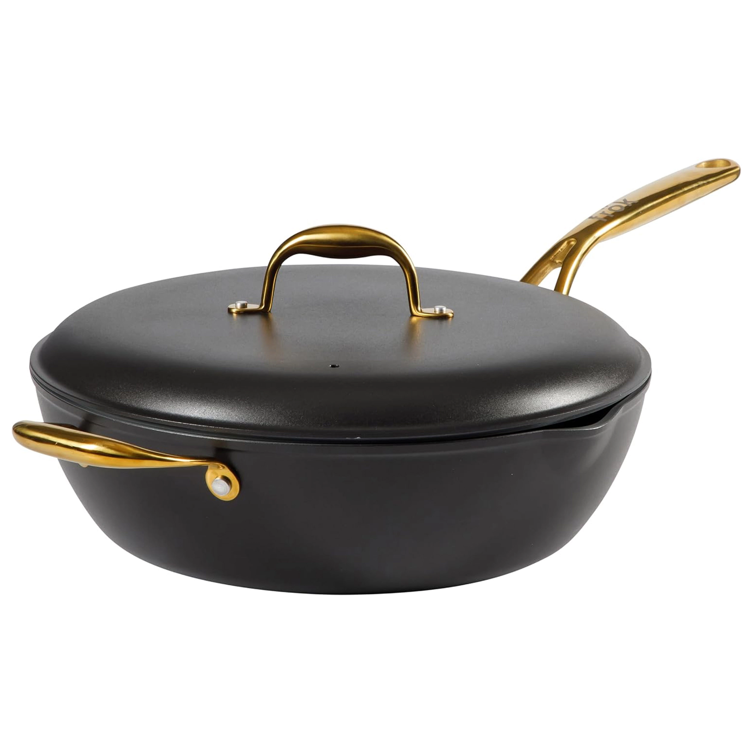 Frok 13 Inch Ceramic Nonstick Aluminum Frying Pan with Lid in Black with Gold Handles